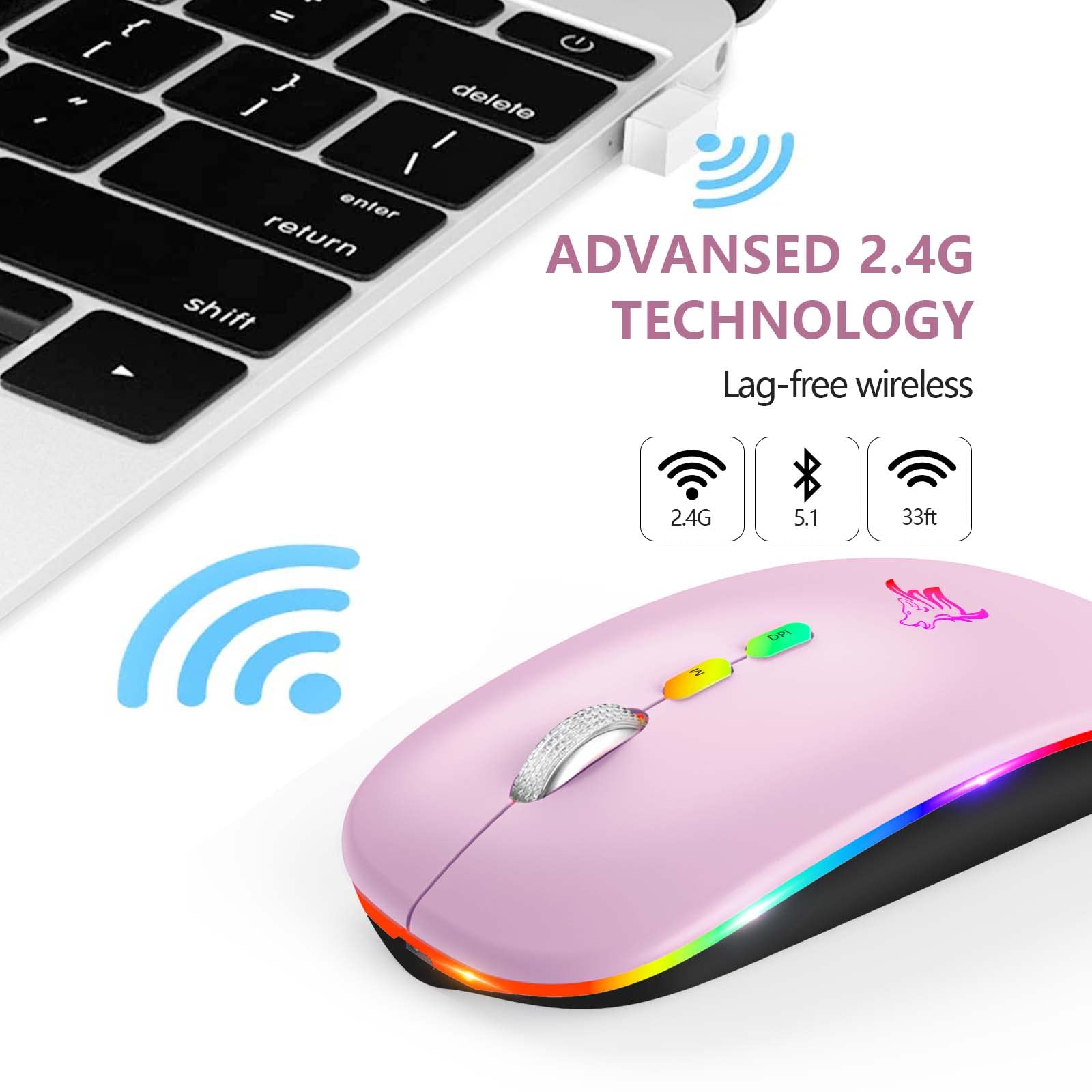 Foto 6 pulgar | Ratón Inalámbrico Hotlife Led Slim Recargable Bluetooth Rosa - Venta Internacional.
