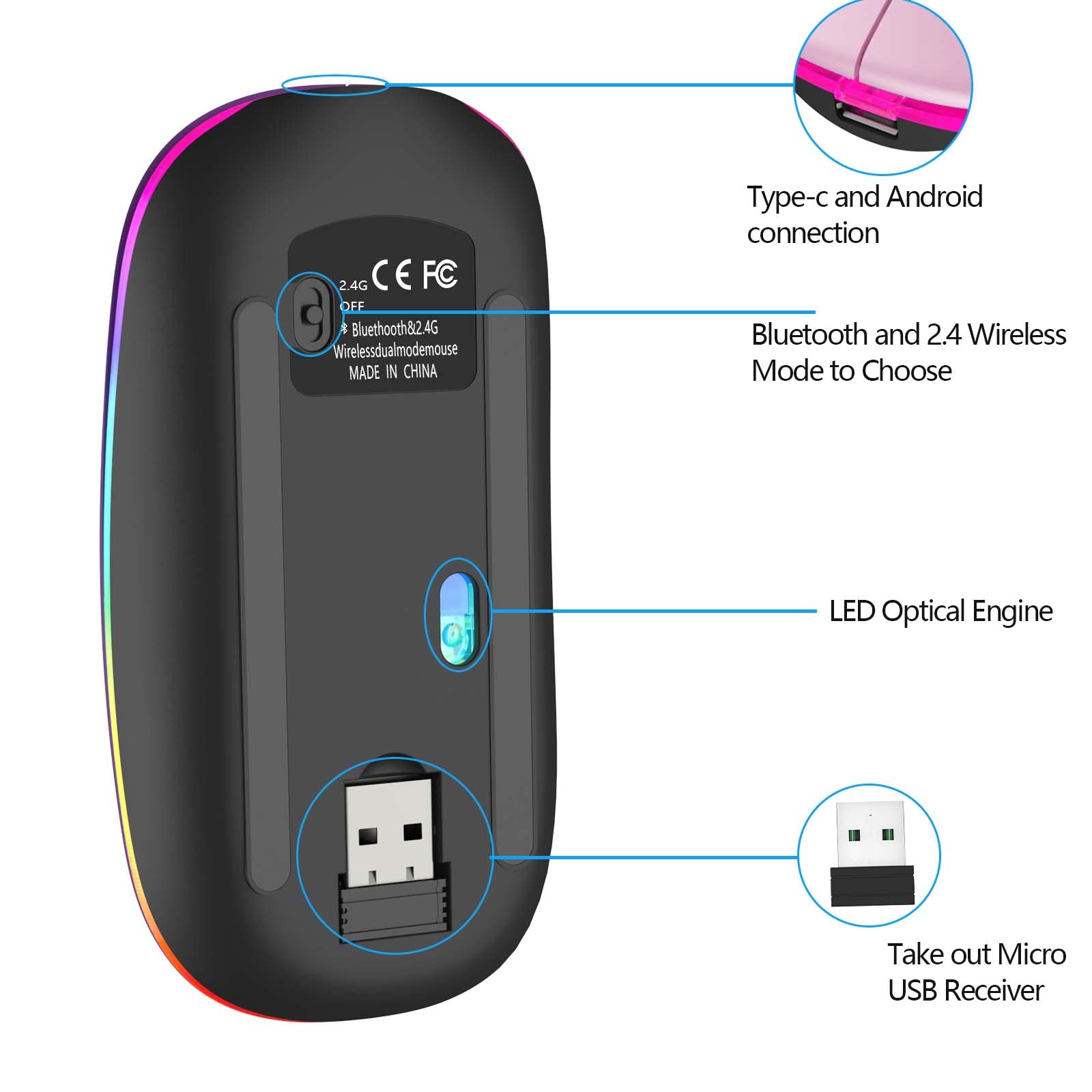 Foto 7 pulgar | Ratón Inalámbrico Hotlife Led Slim Recargable Bluetooth Rosa - Venta Internacional.