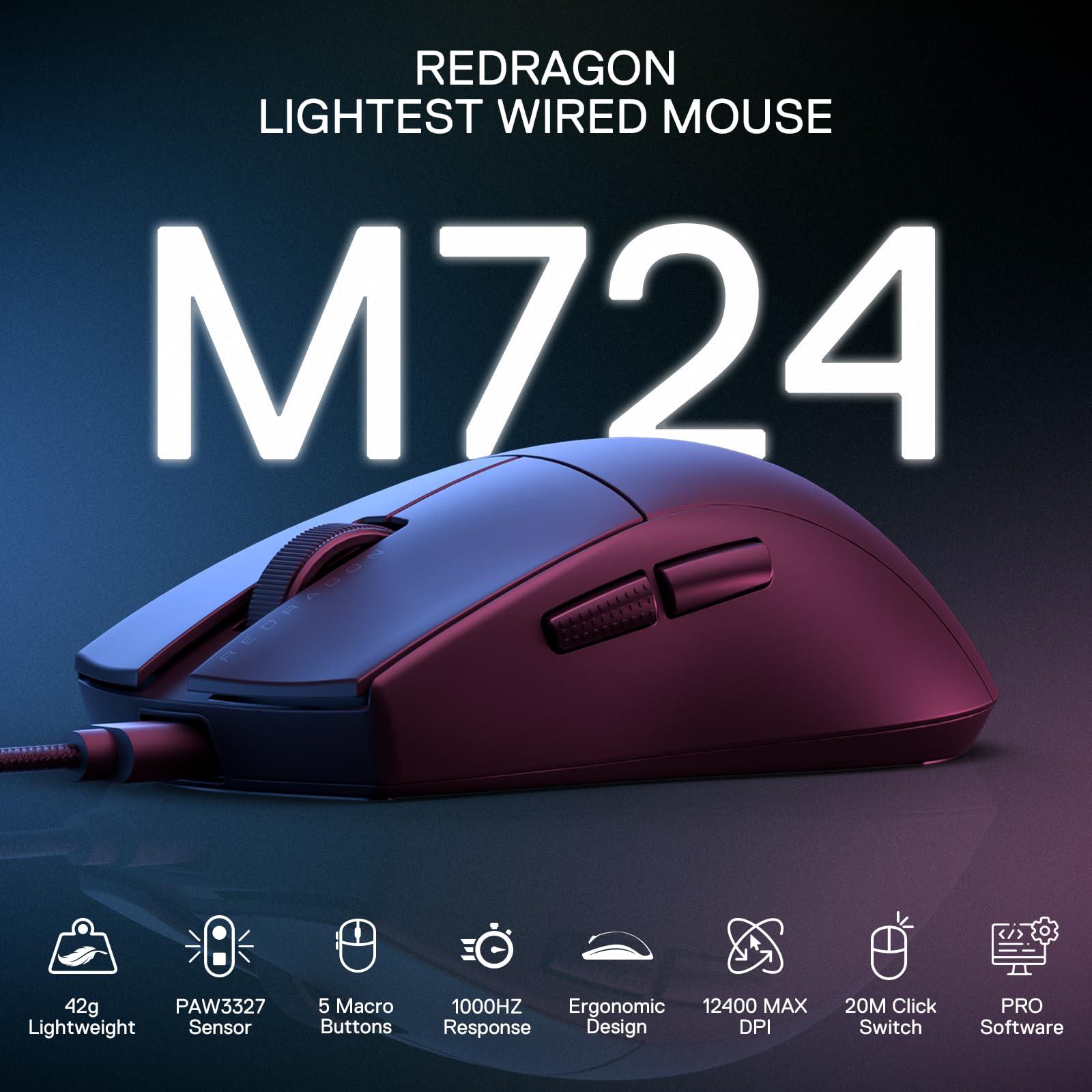 Foto 3 pulgar | Ratón Para Juegos Redragon M724 Con Cable, 12.400 Dpi, Ultraligero, 42 G - Venta Internacional.