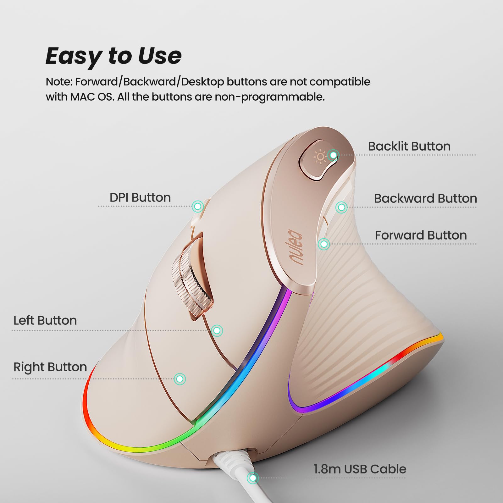 Foto 5 pulgar | Ratón Nulea M504 Alámbrico Vertical Usb Ergonómico 4 Dpi 11 Rgb Rosa - Venta Internacional.
