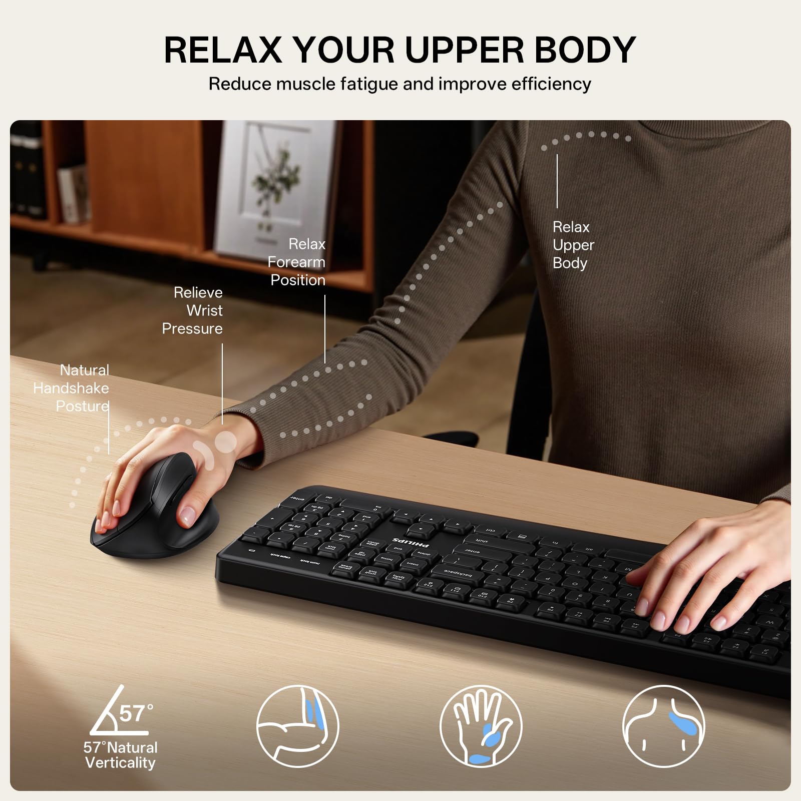 Foto 4 pulgar | Ratón Philips Ergonómico Vertical 2 4 Ghz Inalámbrico Negro - Venta Internacional.