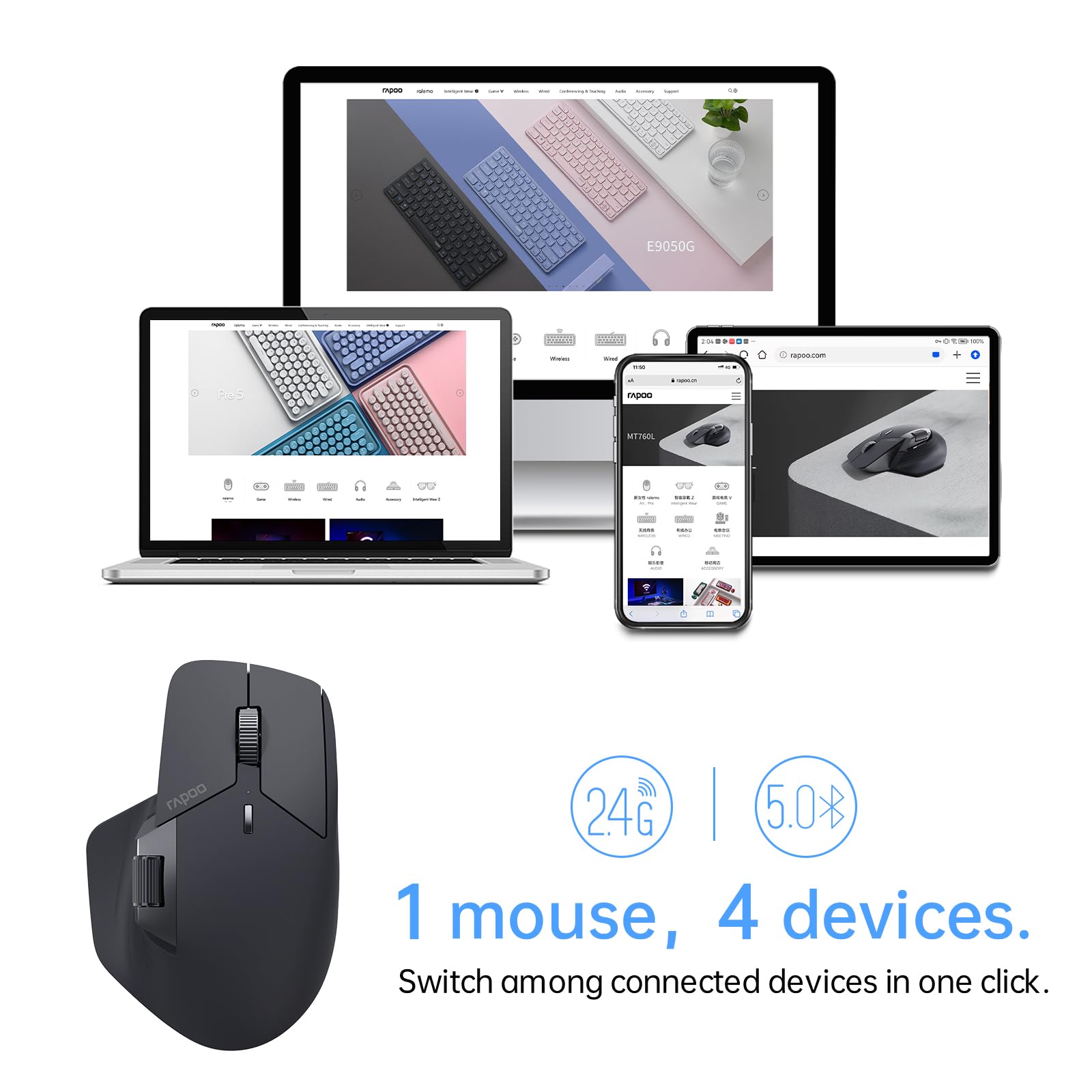 Foto 3 pulgar | Ratón Inalámbrico Rapoo Mt760 Bluetooth 5.0 2.4g 4k Dpi 90 Días - Venta Internacional.