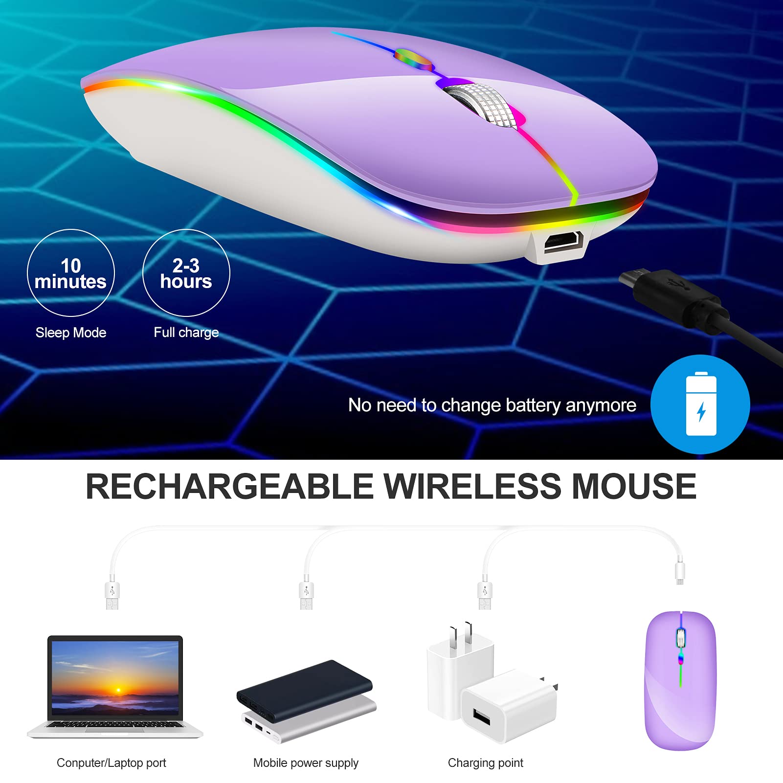 Foto 6 | Ratón Bluetooth Klo Led Recargable Para Macbook Púrpura - Venta Internacional.