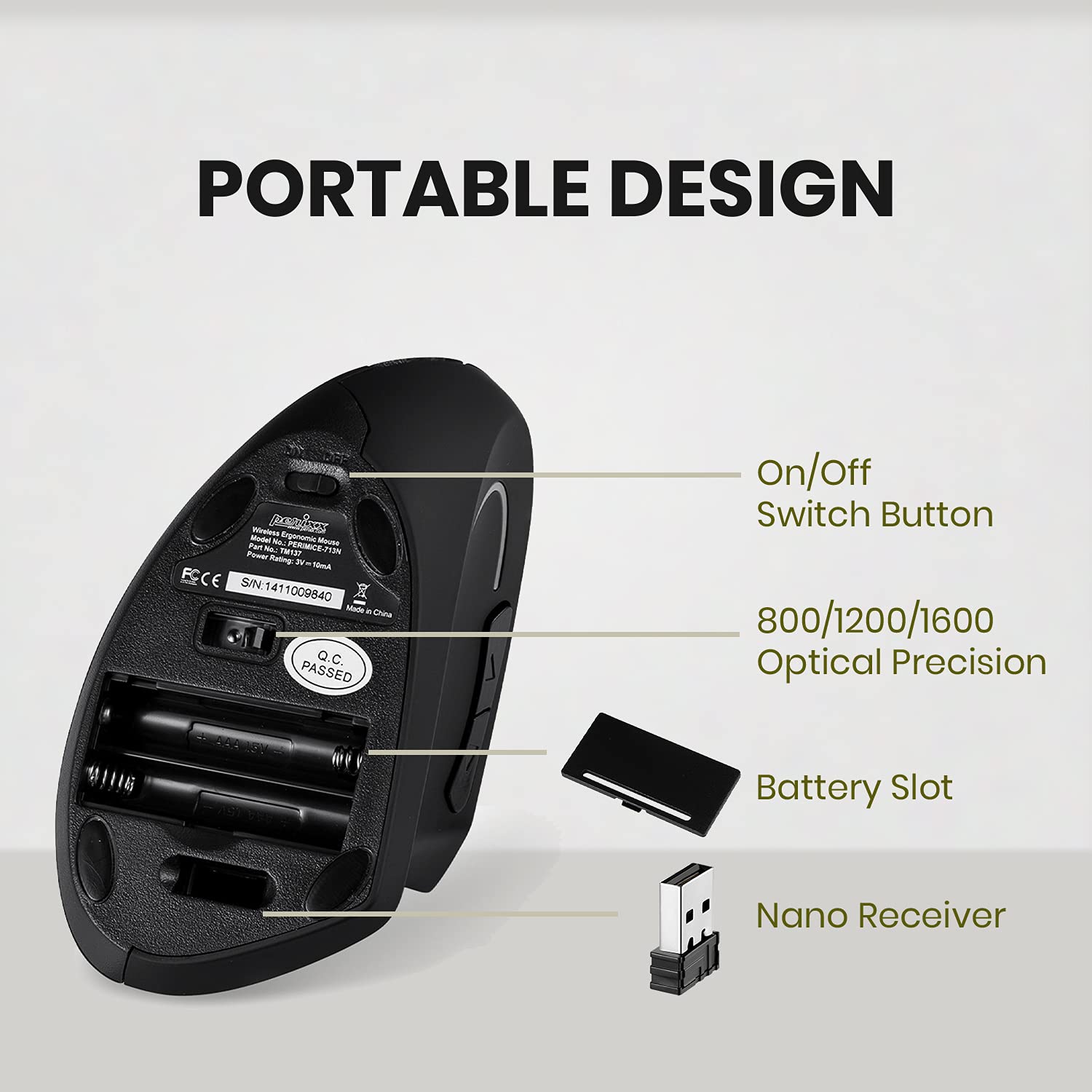 Foto 7 pulgar | Mouse Vertical Inalámbrico Perixx Negro-Venta Internacional