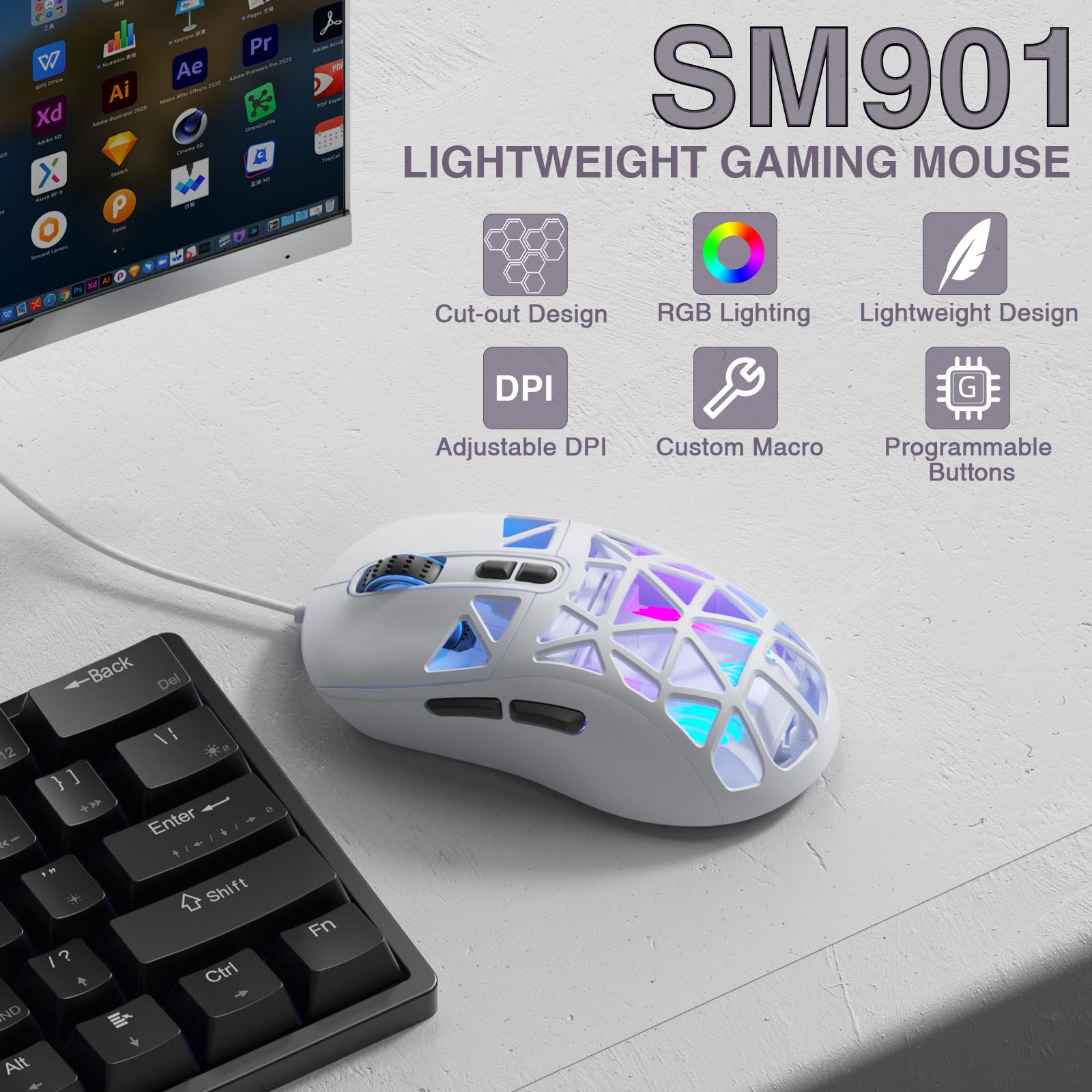 Foto 3 pulgar | Ratón Para Juegos Solakaka Sm901 13800dpi Rgb Programable Blanco - Venta Internacional.
