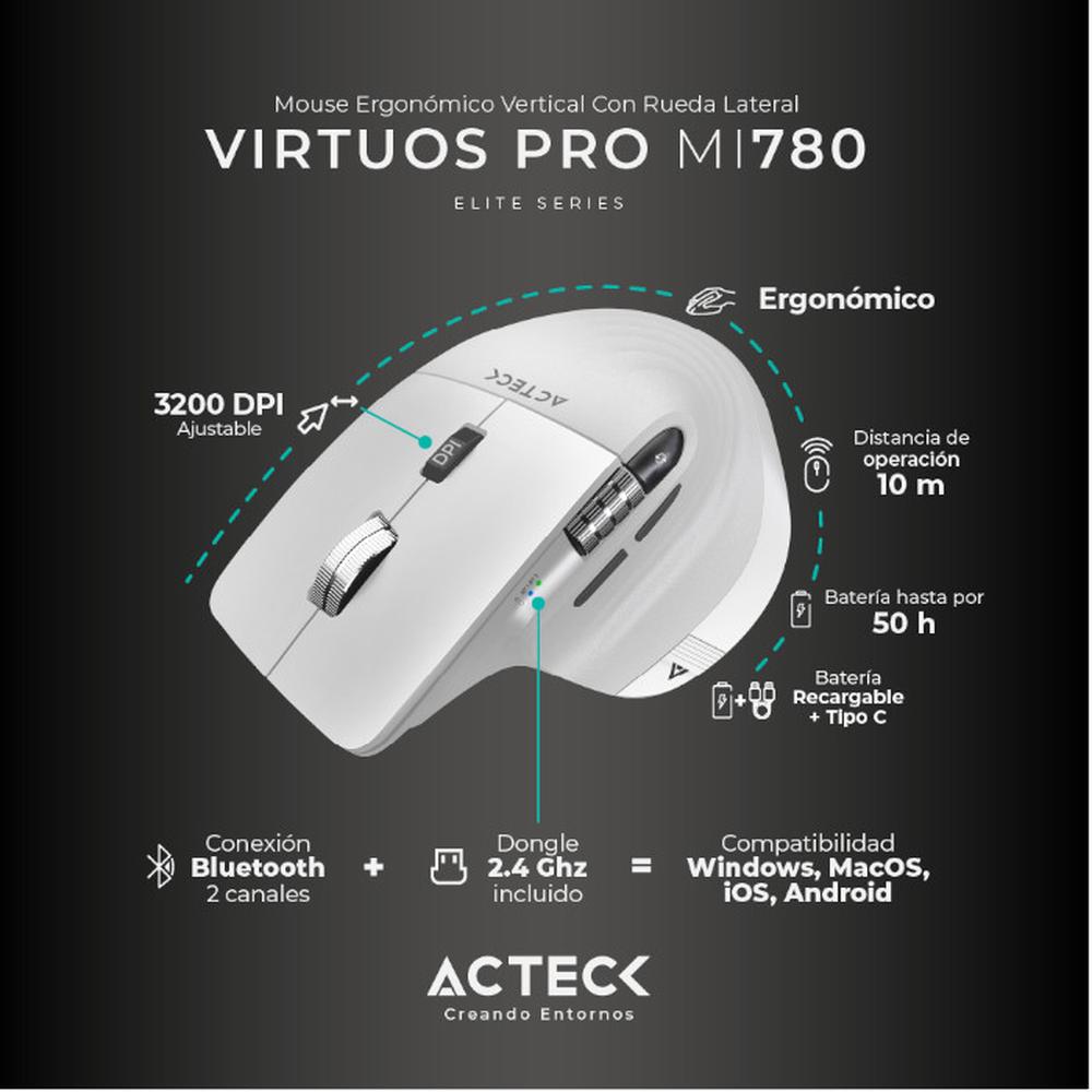 Foto 3 pulgar | Mouse Ergonómico Acteck Virtuos Pro Mi780 3000dpi Inalámbrico 8 Botones color Blanco Ac-936194