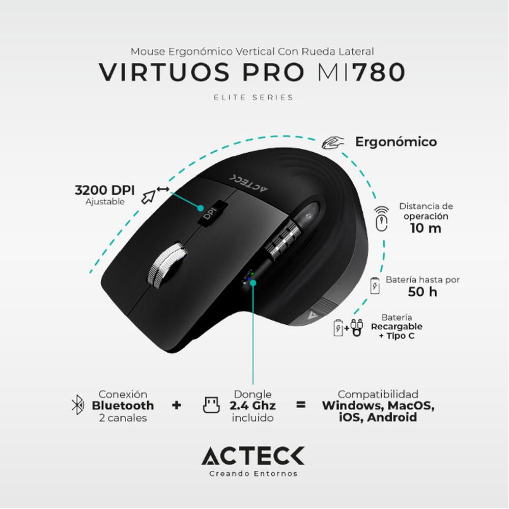 Foto 3 pulgar | Mouse Ergonómico Acteck Virtuos Pro Mi780 3000dpi Inalámbrico 8 Botones color Negro Ac-936187