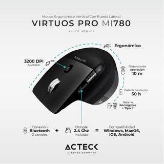 Foto 2 | Mouse Ergonómico Acteck Virtuos Pro Mi780 3000dpi Inalámbrico 8 Botones color Negro Ac-936187