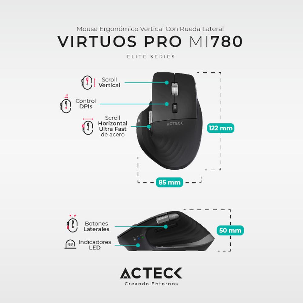 Foto 4 pulgar | Mouse Ergonómico Acteck Virtuos Pro Mi780 3000dpi Inalámbrico 8 Botones color Negro Ac-936187