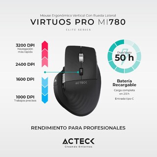 Foto 4 | Mouse Ergonómico Acteck Virtuos Pro Mi780 3000dpi Inalámbrico 8 Botones color Negro Ac-936187