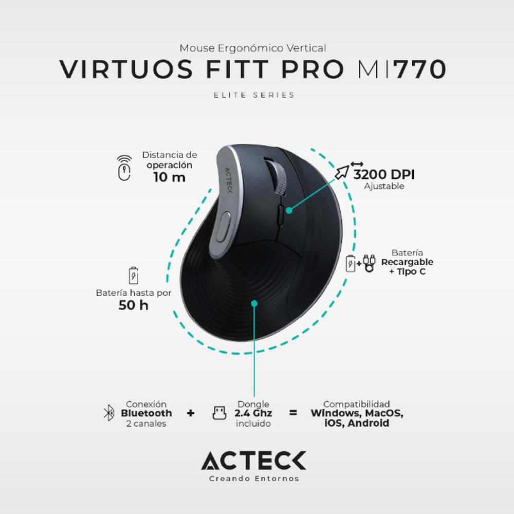 Foto 2 | Mouse Ergonomico Acteck Virtuos Fitt Pro Mi770 1600dpi Inalambrico 8 Botones Negro Ac-936200