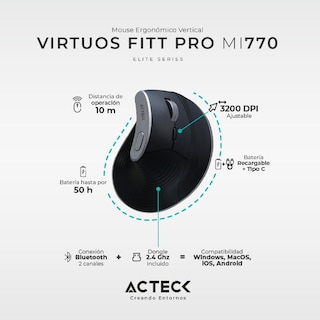 Foto 2 | Mouse Ergonomico Acteck Virtuos Fitt Pro Mi770 1600dpi Inalambrico 8 Botones Negro Ac-936200