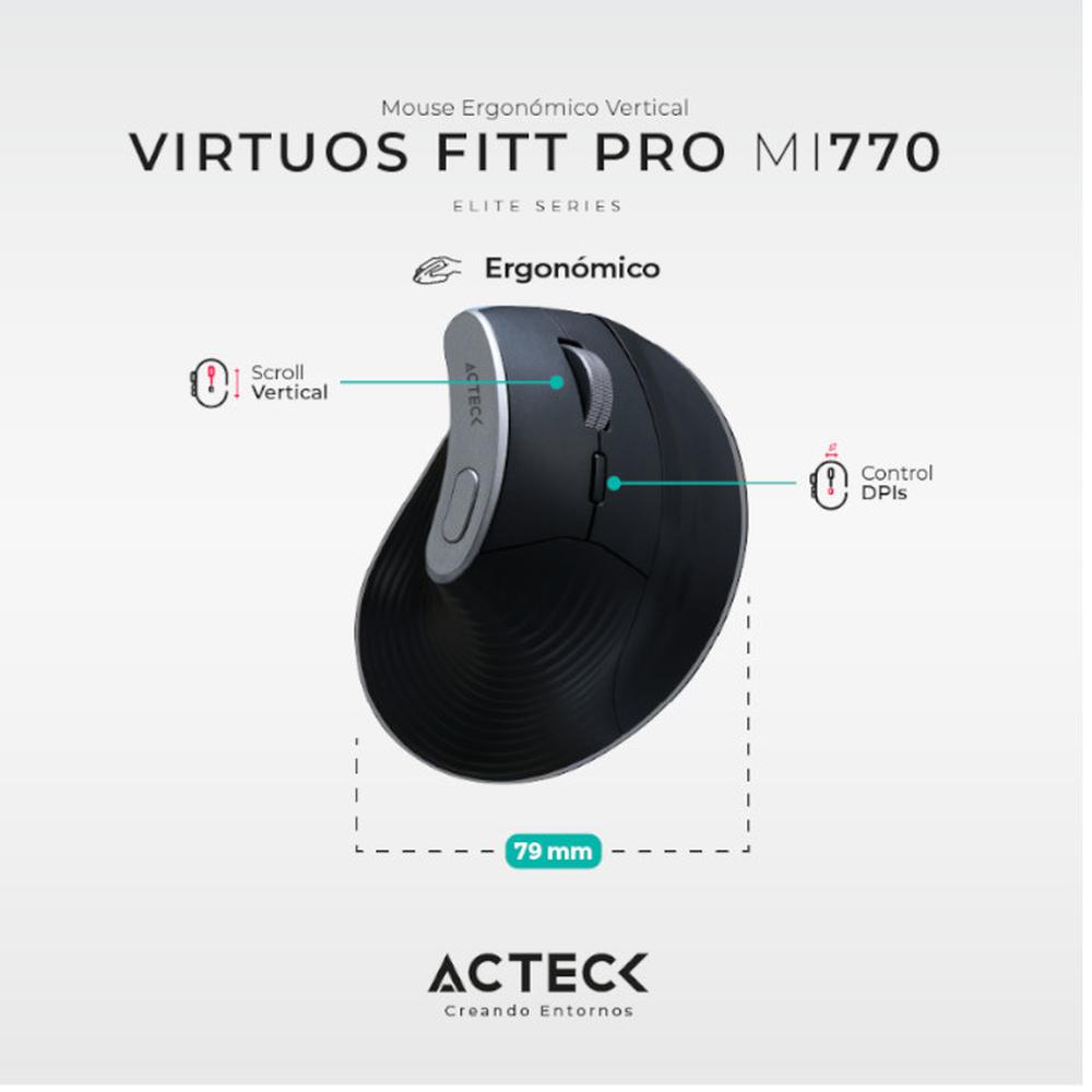 Foto 4 pulgar | Mouse Ergonomico Acteck Virtuos Fitt Pro Mi770 1600dpi Inalambrico 8 Botones Negro Ac-936200