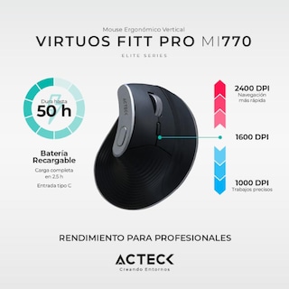 Foto 4 | Mouse Ergonomico Acteck Virtuos Fitt Pro Mi770 1600dpi Inalambrico 8 Botones Negro Ac-936200