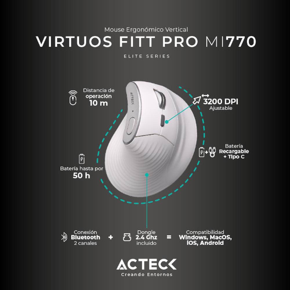 Foto 3 pulgar | Mouse Ergonomico Acteck Virtuos Fitt Pro Mi770 1600dpi Inalambrico 8 Botones Blanco Ac-936217