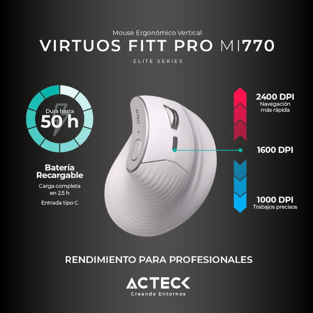 Foto 5 pulgar | Mouse Ergonomico Acteck Virtuos Fitt Pro Mi770 1600dpi Inalambrico 8 Botones Blanco Ac-936217