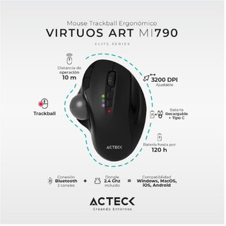 Foto 2 | Mouse Ergonómico Acteck Virtuos Art Mi790 1600dpi Inalámbrico 8 Botones Negro