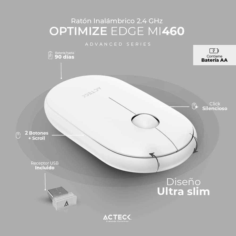 Foto 3 pulgar | Mouse Acteck Optimize Edge Mi460 Ultra Delgado 1600dpi 2 Botones Inalambrico Usb 2.4 Ghz Blanco Ac-934114