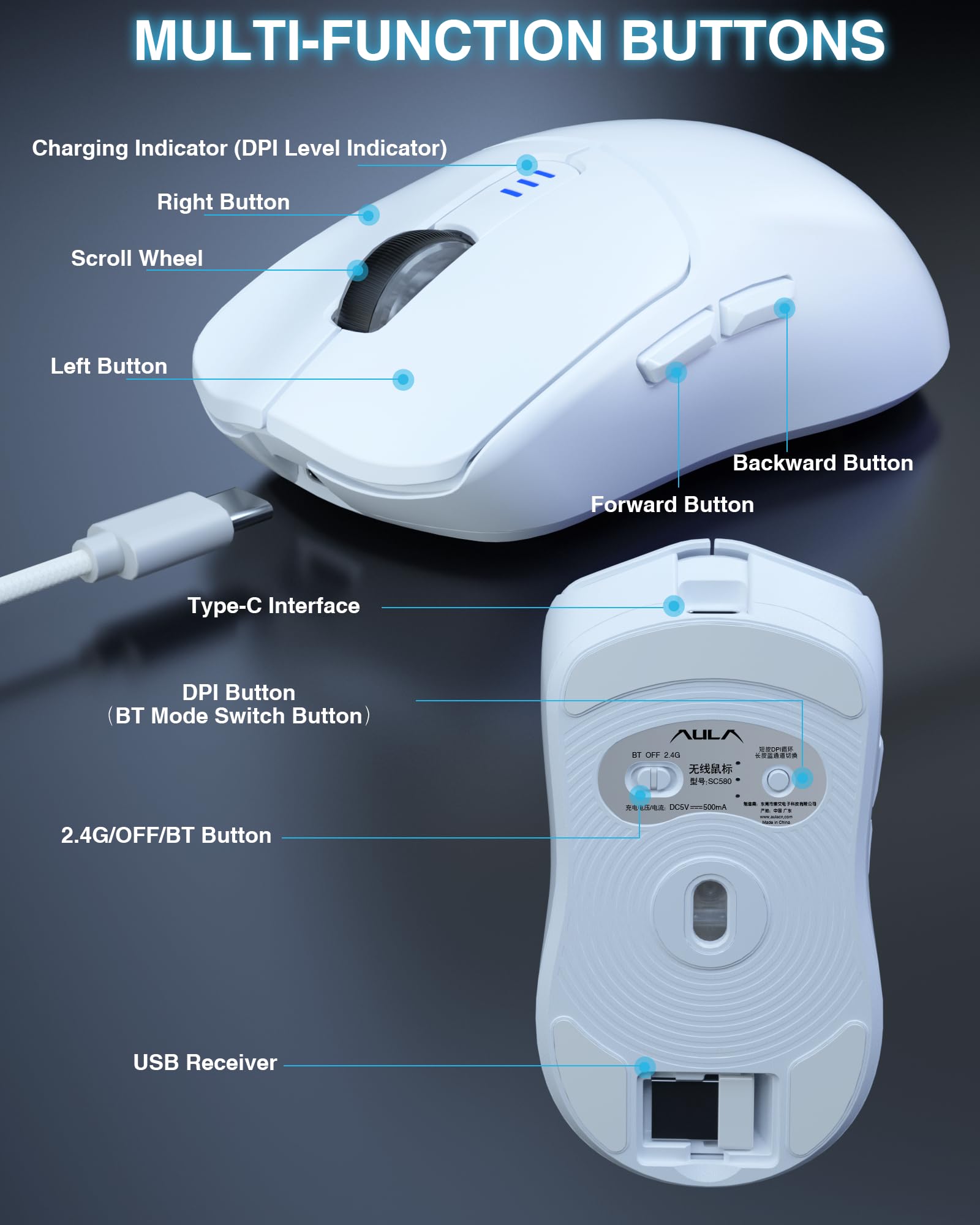 Foto 5 | Ratón Inalámbrico Para Juegos Aula Sc580 Tri-mode 2.4g/bt5.0/usb-c - Venta Internacional.
