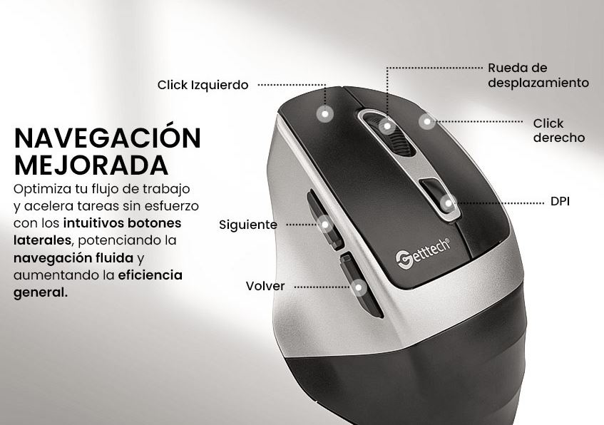 Foto 7 pulgar | Mouse Getttech Ggm-stdbw-01-sl Inalambrico Conexion 2.4g, Bluetooth Y Usb 6 Botones Dpi Ajustables (800-1200-1600)