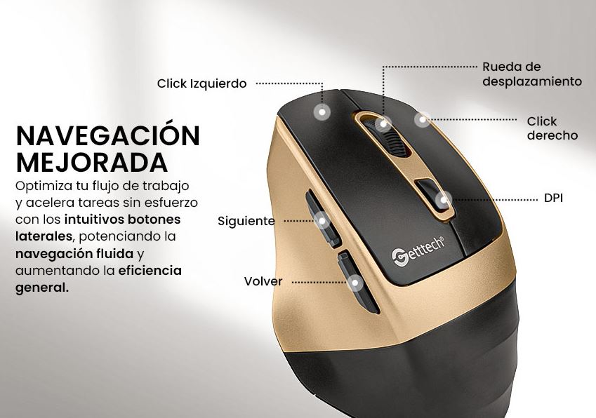 Foto 7 pulgar | Mouse Getttech Ggm-stdbw-01-gd Inalambrico Conexion 2.4g, Bluetooth Y Usb 6 Botones Dpi Ajustables (800-1200-1600)