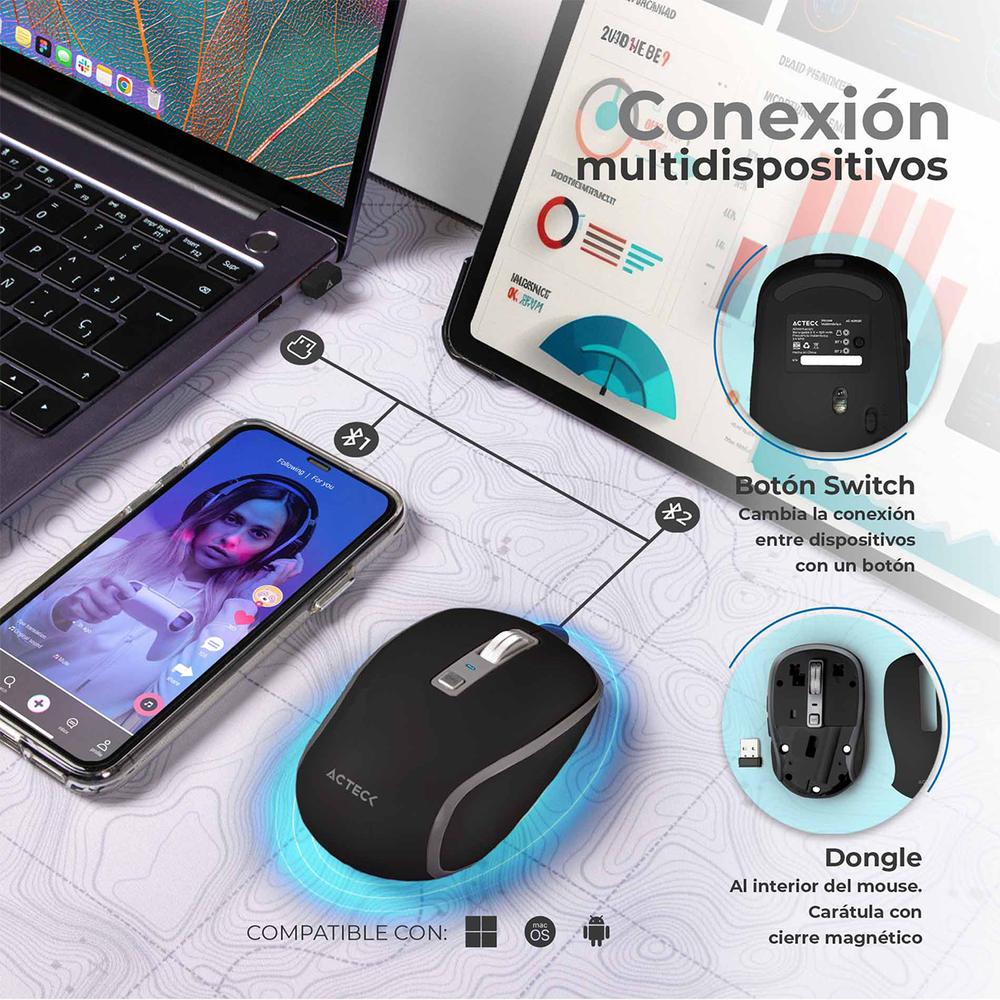 Foto 4 pulgar | Mouse Acteck Optimize Trip Pro Mi580 Inalambrico Usb 2.4 Ghz + Bt 1600dpi 6 Botones Ergonomico Negro