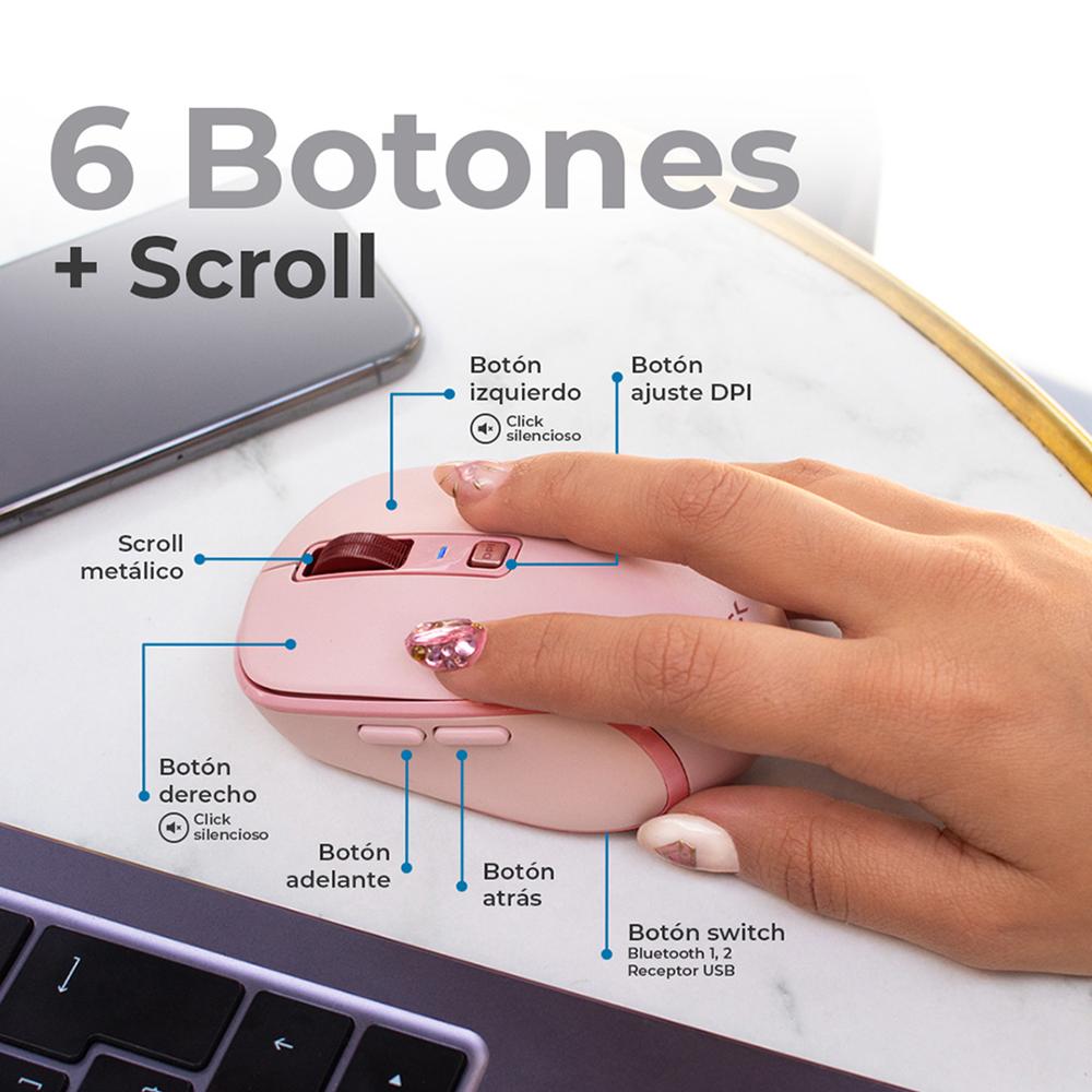 Foto 4 pulgar | Mouse Acteck Optimize Trip Pro Mi580 Inalambrico Usb 2.4 Ghz + Bt 1600dpi 6 Botones Ergonomico Rosa