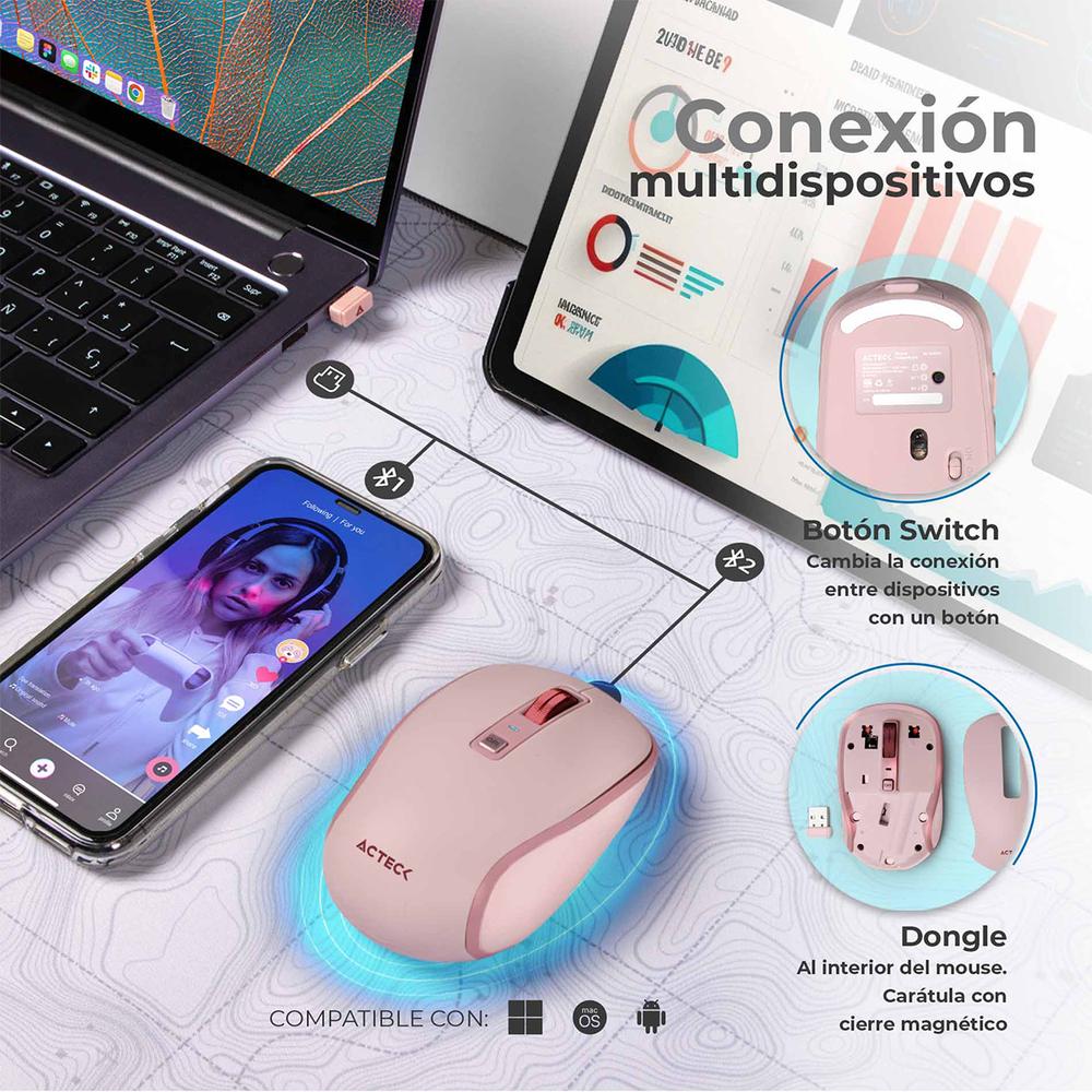 Foto 5 pulgar | Mouse Acteck Optimize Trip Pro Mi580 Inalambrico Usb 2.4 Ghz + Bt 1600dpi 6 Botones Ergonomico Rosa