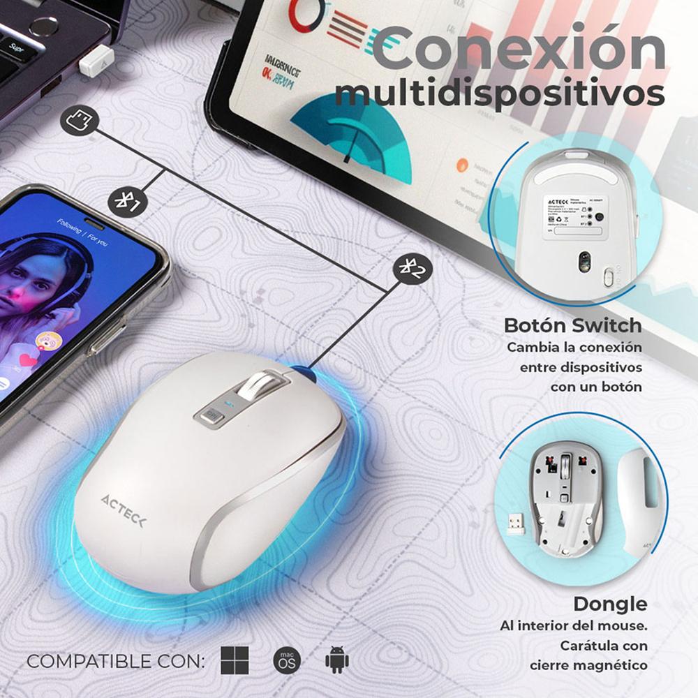 Foto 4 pulgar | Mouse Acteck Optimize Trip Pro Mi580 Inalambrico Usb 2.4 Ghz + Bt 1600dpi 6 Botones Ergonomico Blanco