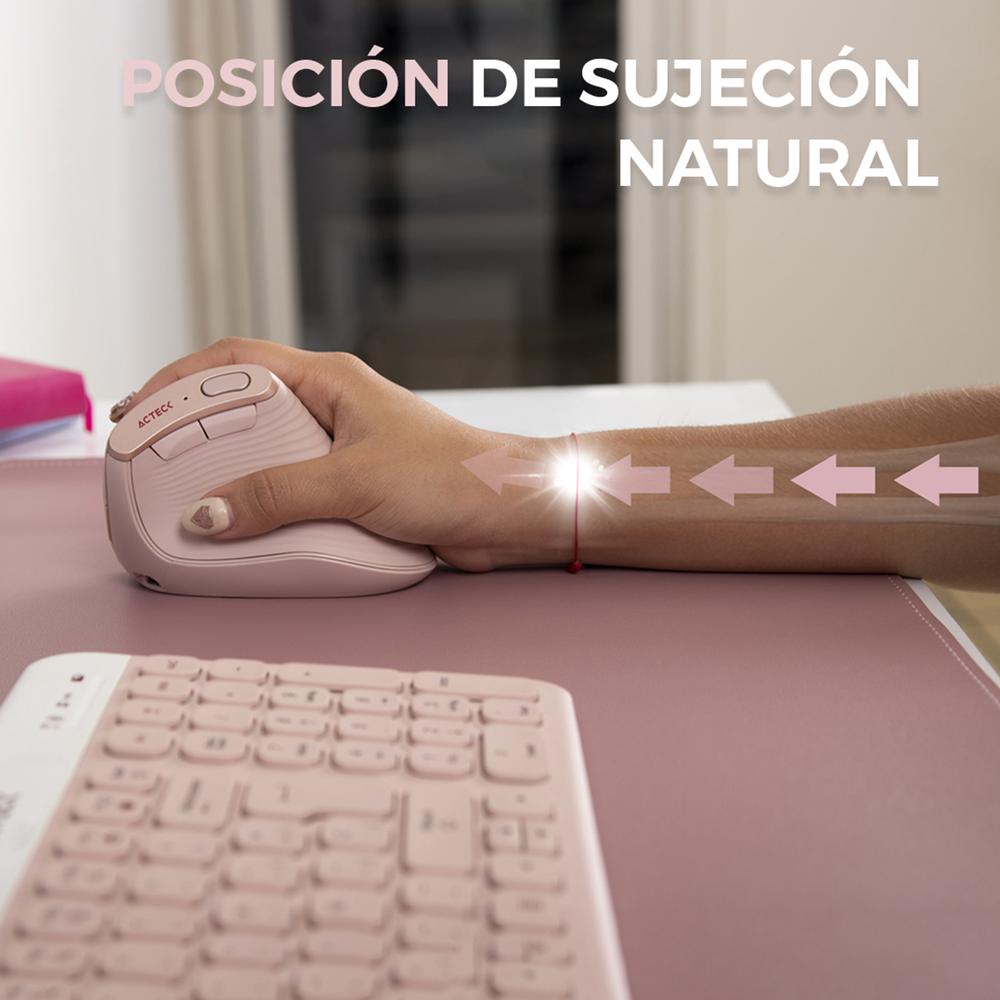 Foto 4 pulgar | Mouse Vertical Acteck Virtuos Fitt Mi770 Inalambrico Usb 2.4 Ghz + Bt 2400dpi 8 Botones Ergonomico Rosa