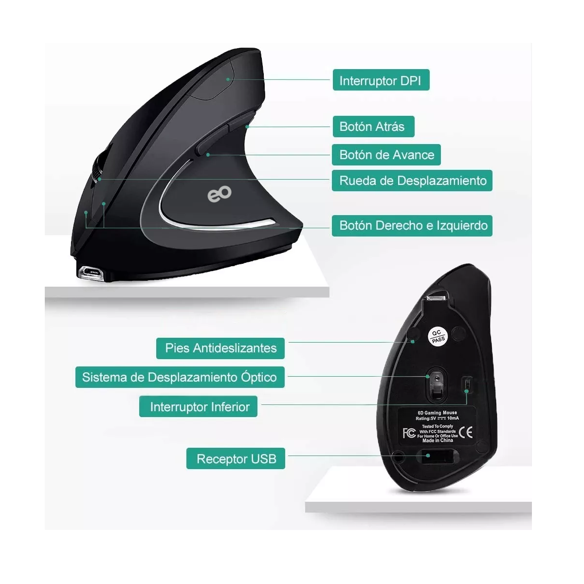 Foto 3 pulgar | Mouse Vertical Inalámbrico Ergonómico, Recargable Eo Safe Imports Esi-8161-1 Negro