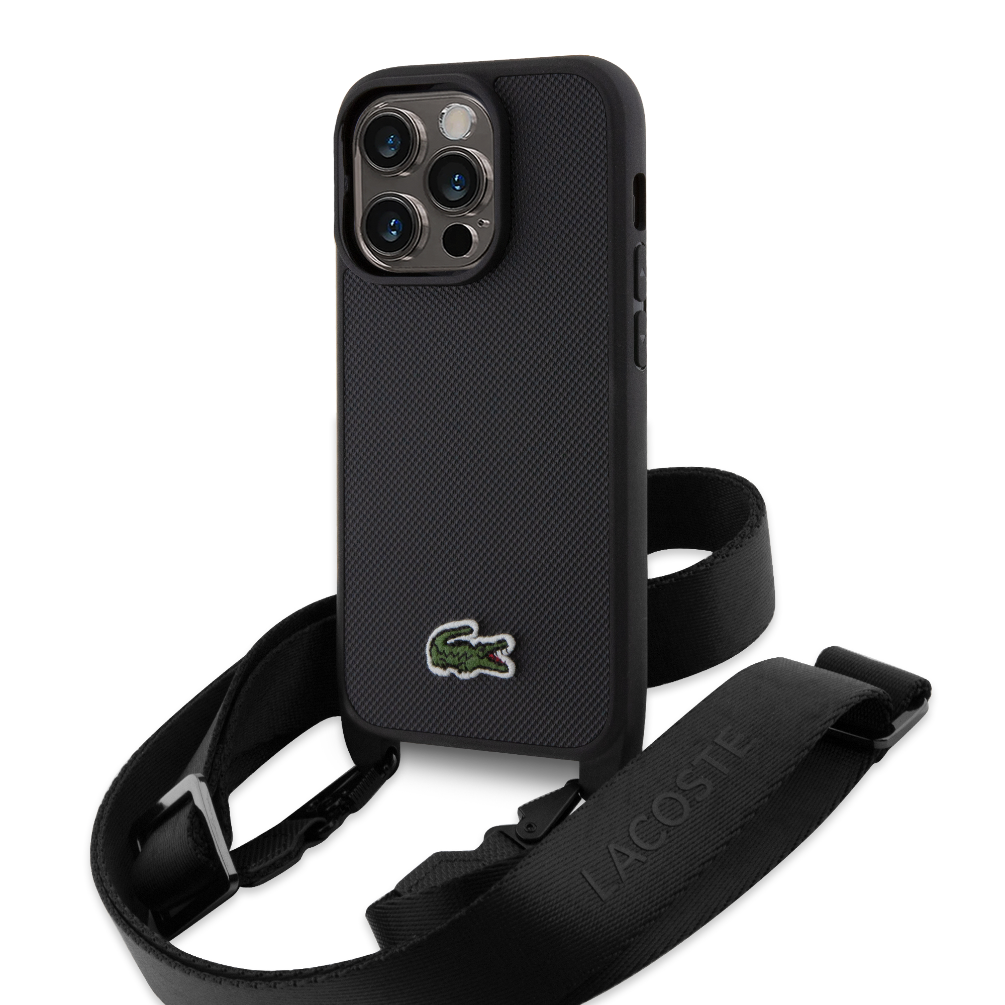Case Lacoste Cross Body Logo Bordado Negro Para Iphone 15