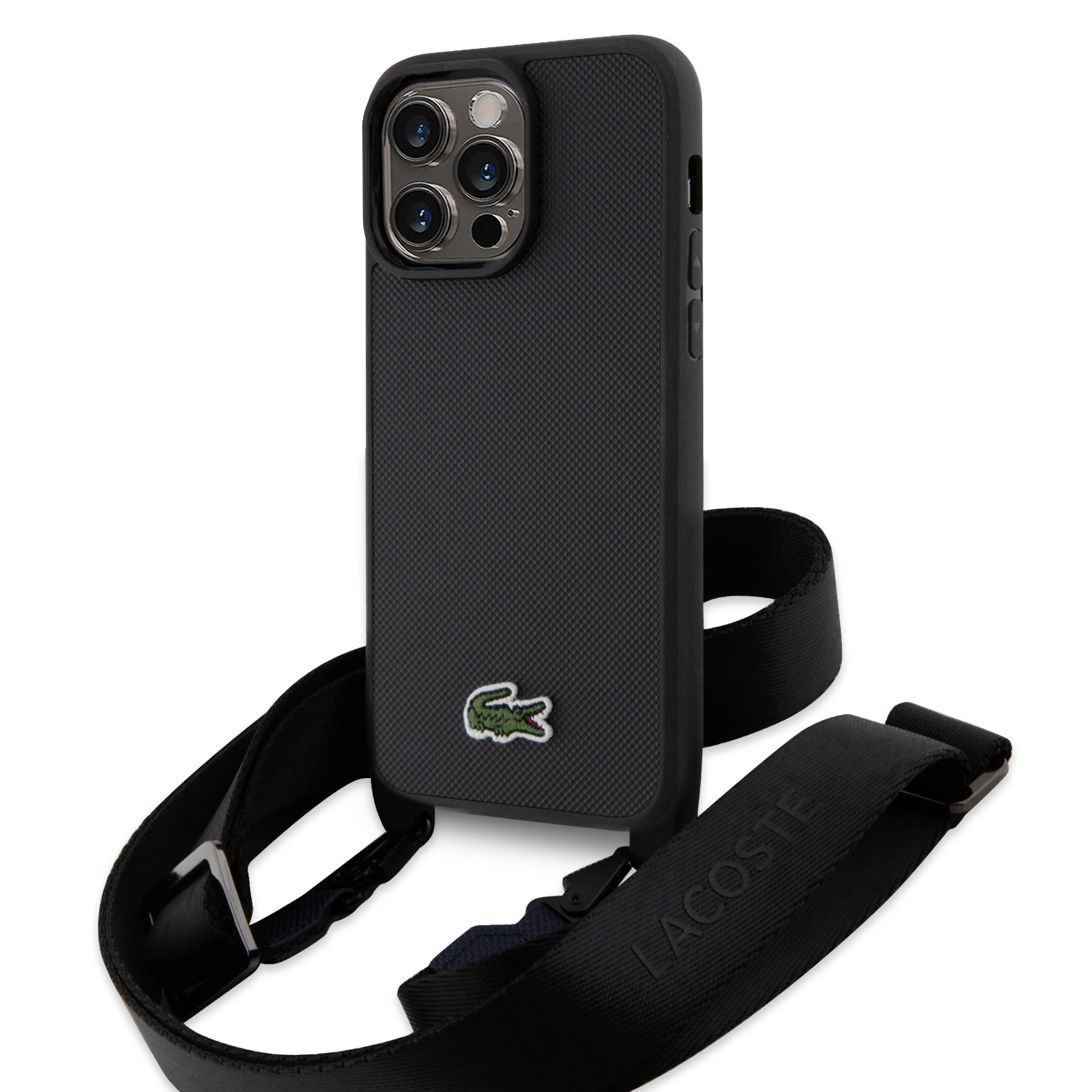 Foto 2 pulgar | Case Lacoste Cross Body Logo Bordado Negro Para Iphone 15 Pro