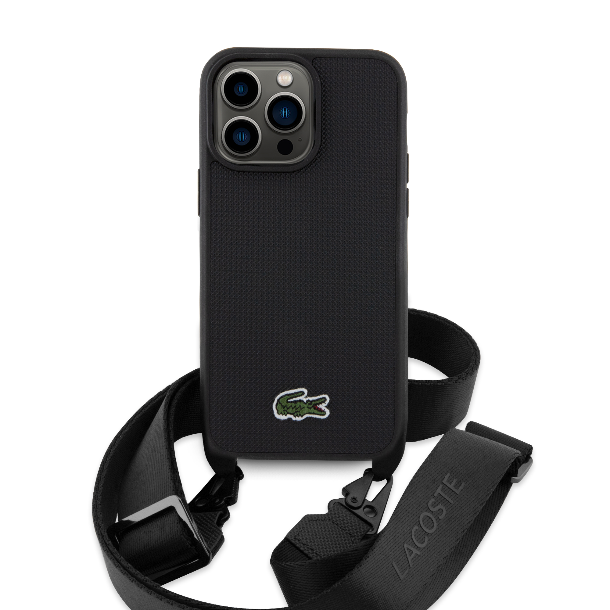Foto 3 pulgar | Case Lacoste Cross Body Logo Bordado Negro Para Iphone 15 Pro