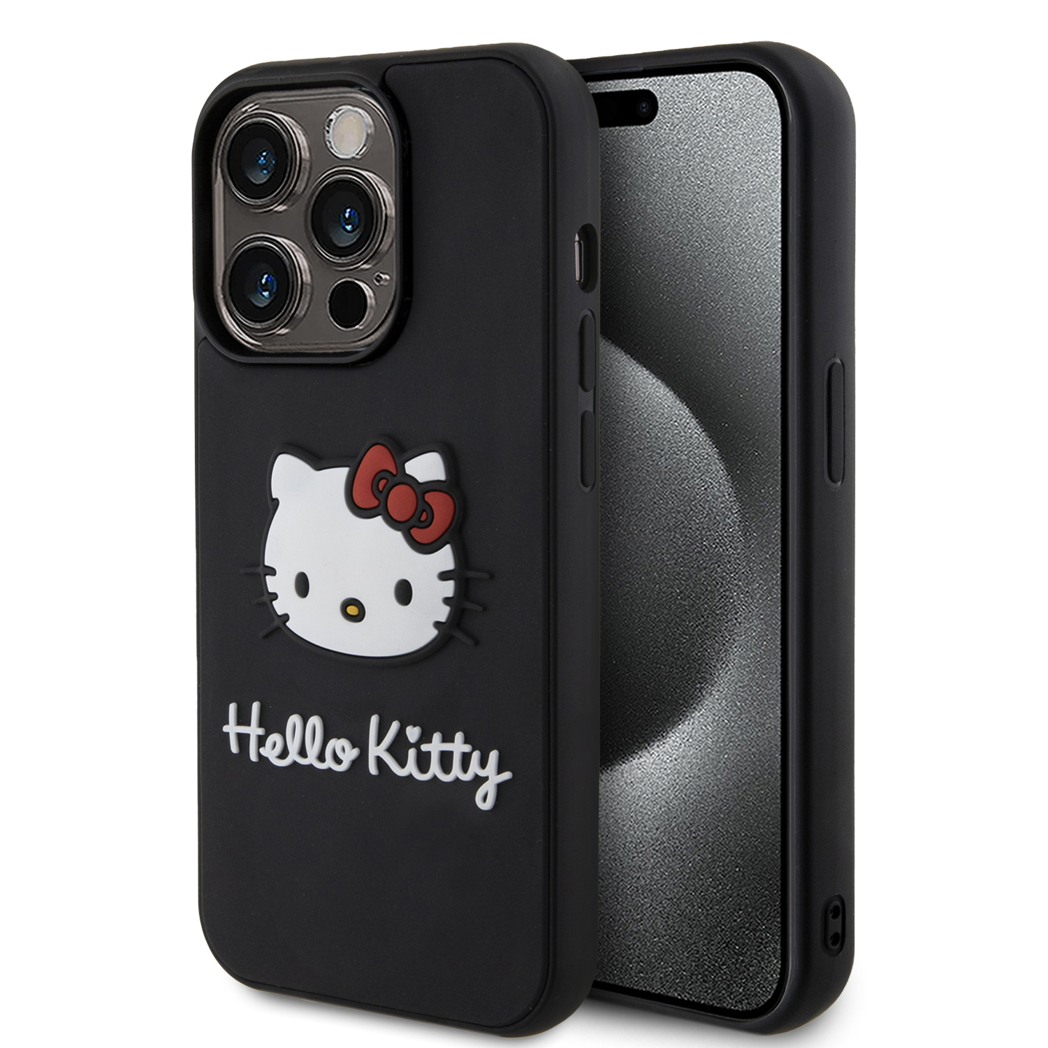 Foto 2 pulgar | Case Hello Kitty Logo 3d Kitty Face Negro Iphone 15 Pro