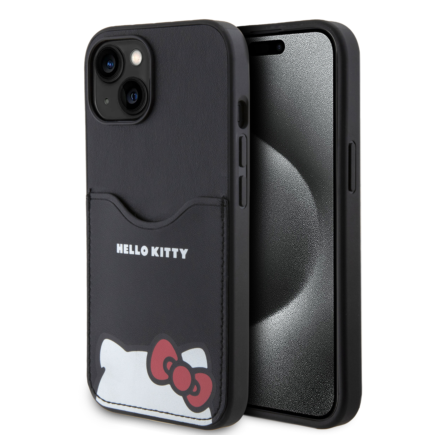 Foto 2 pulgar | Case Hello Kitty Con Tarjetero Tipo Piel Negra Para Iphone 15