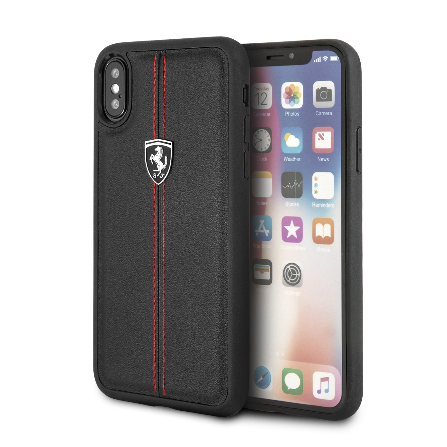 Foto 2 pulgar | Funda Piel Negra Ferrari Plata Iphone X