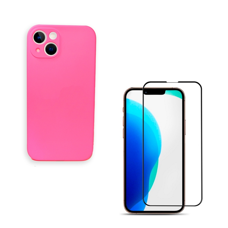 Funda Y Protector De Pantalla Para Iphone 13 En Goma Fucsia - Venta Internacional.
