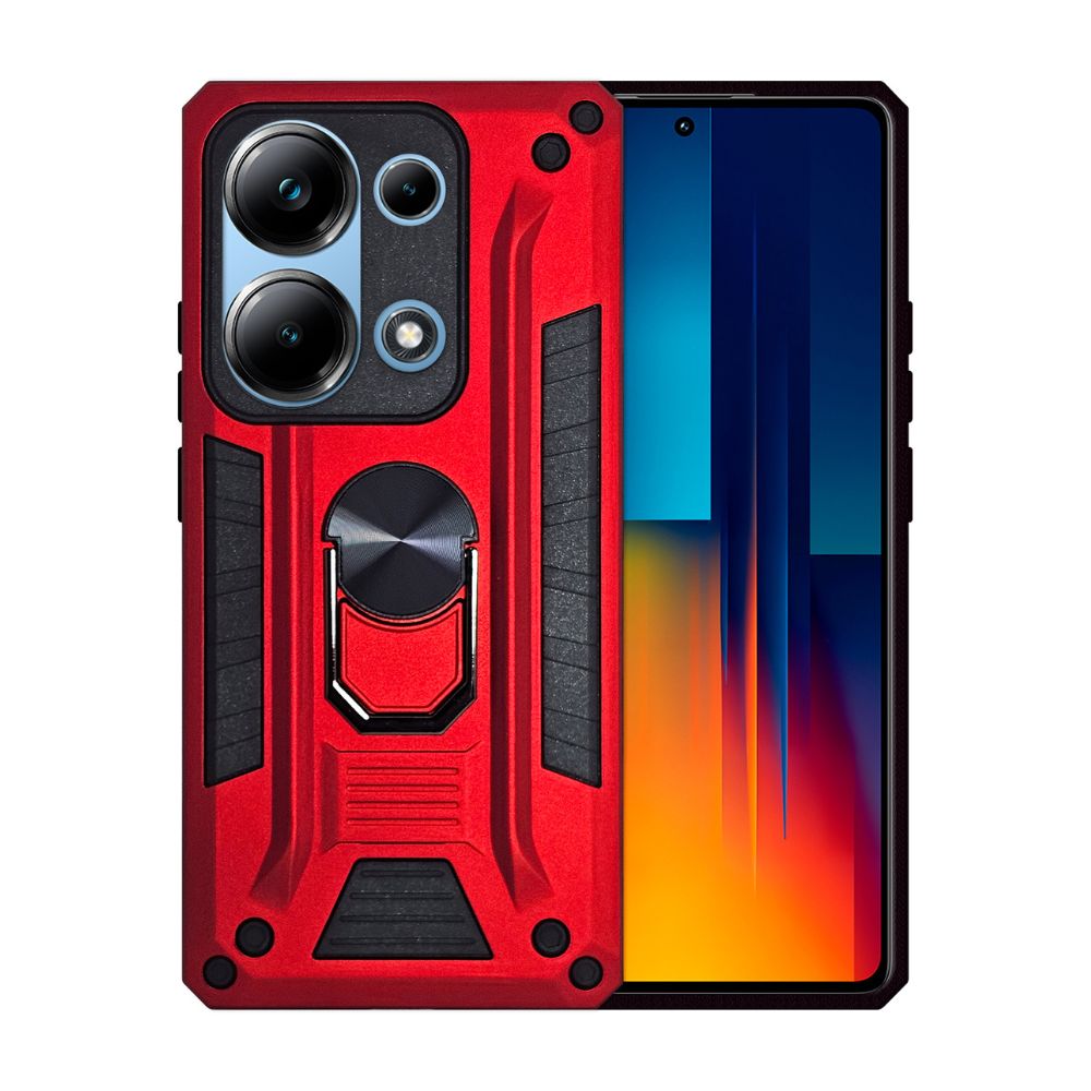 Funda Uso Rudo con Anillo Metálico Giratorio 360° para Xiaomi Poco M6 Pro Rojo
