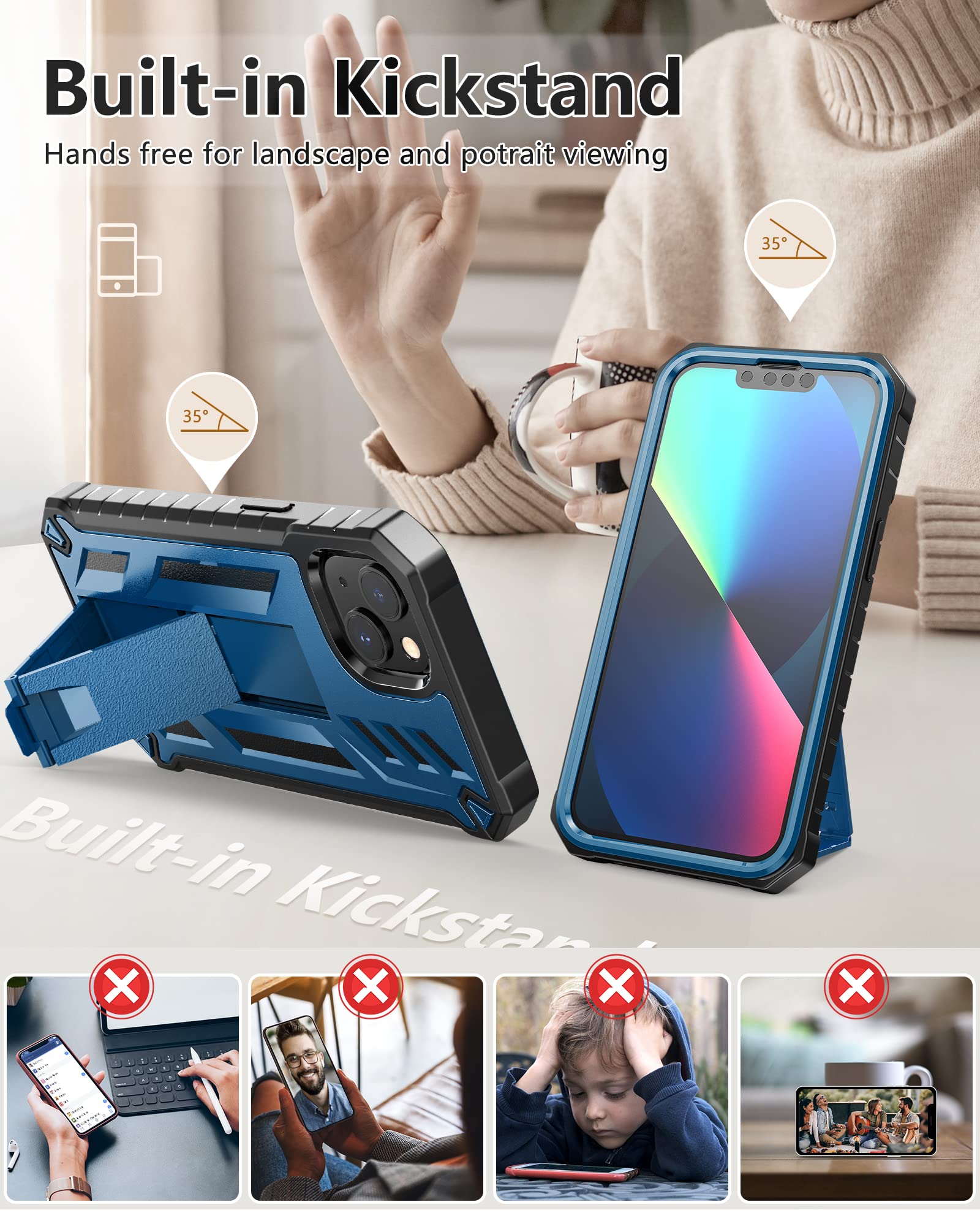 Foto 5 pulgar | Funda De Teléfono Soios Para Iphone 13-14 Con Soporte Integrado, Color Azul - Venta Internacional.