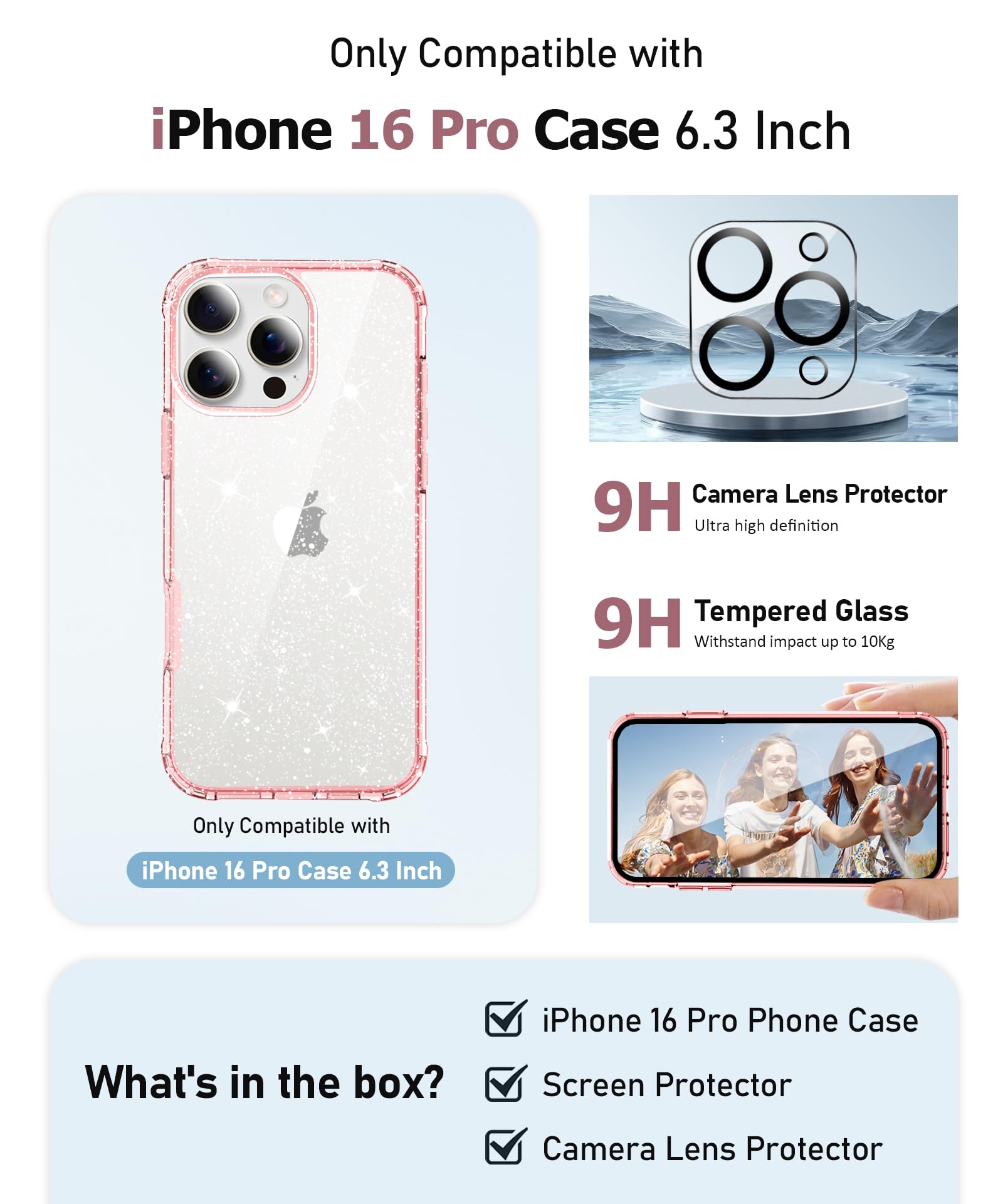 Foto 3 pulgar | Funda De Teléfono Miodik Para Iphone 16 Pro, Transparente Con Purpurina Rosa, 6.3 Pulgadas - Venta Internacional.