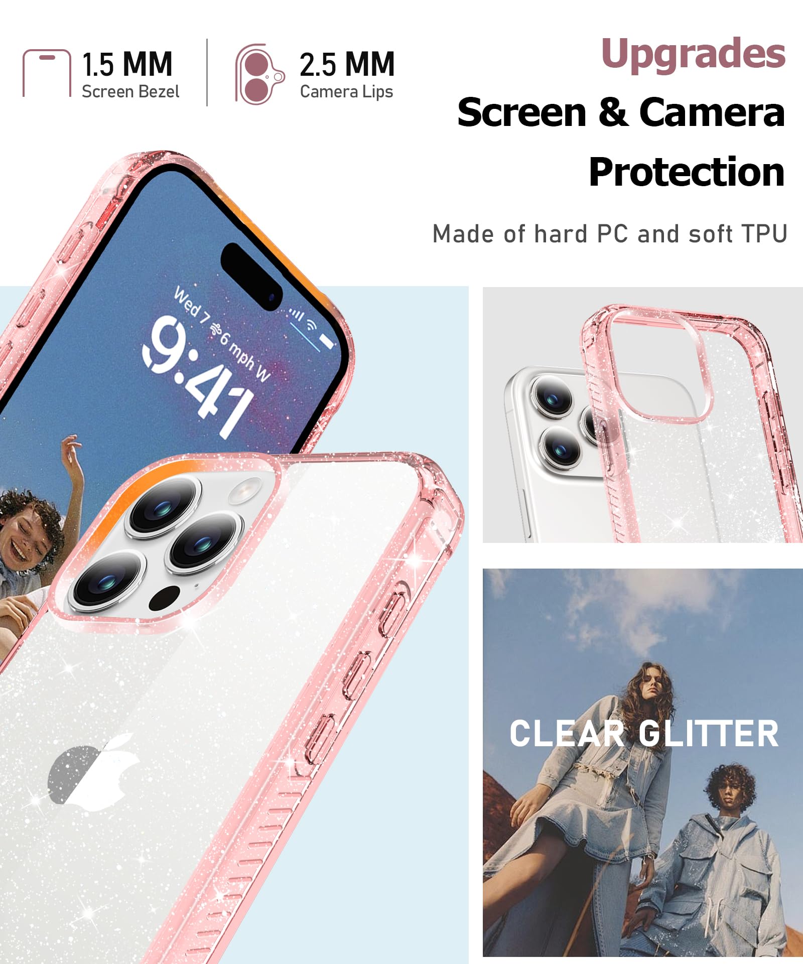 Foto 6 pulgar | Funda De Teléfono Miodik Para Iphone 16 Pro, Transparente Con Purpurina Rosa, 6.3 Pulgadas - Venta Internacional.