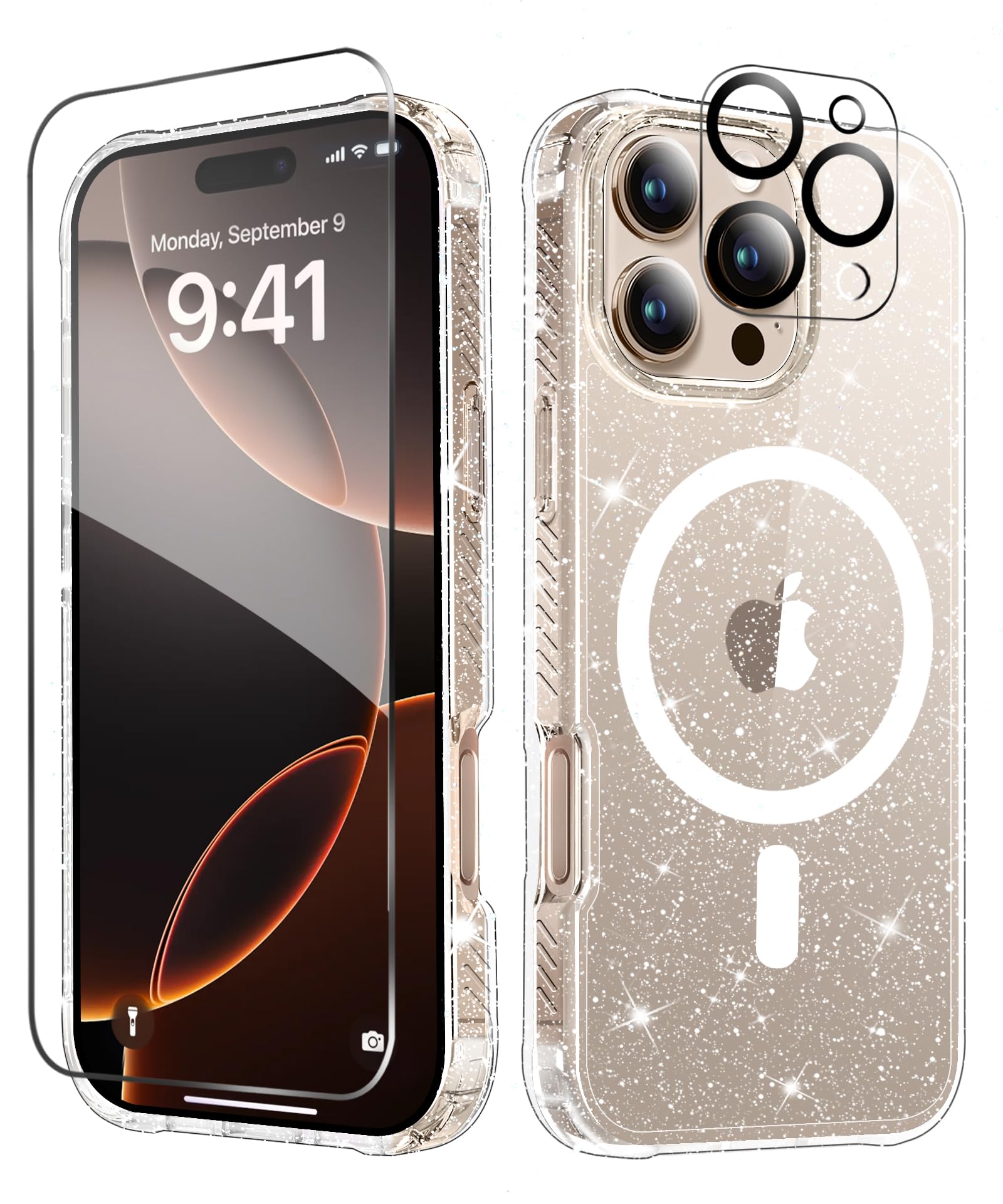 Foto 2 pulgar | Funda De Teléfono Miodik Para Iphone 16 Pro Clear Glitter Con Protector - Venta Internacional.
