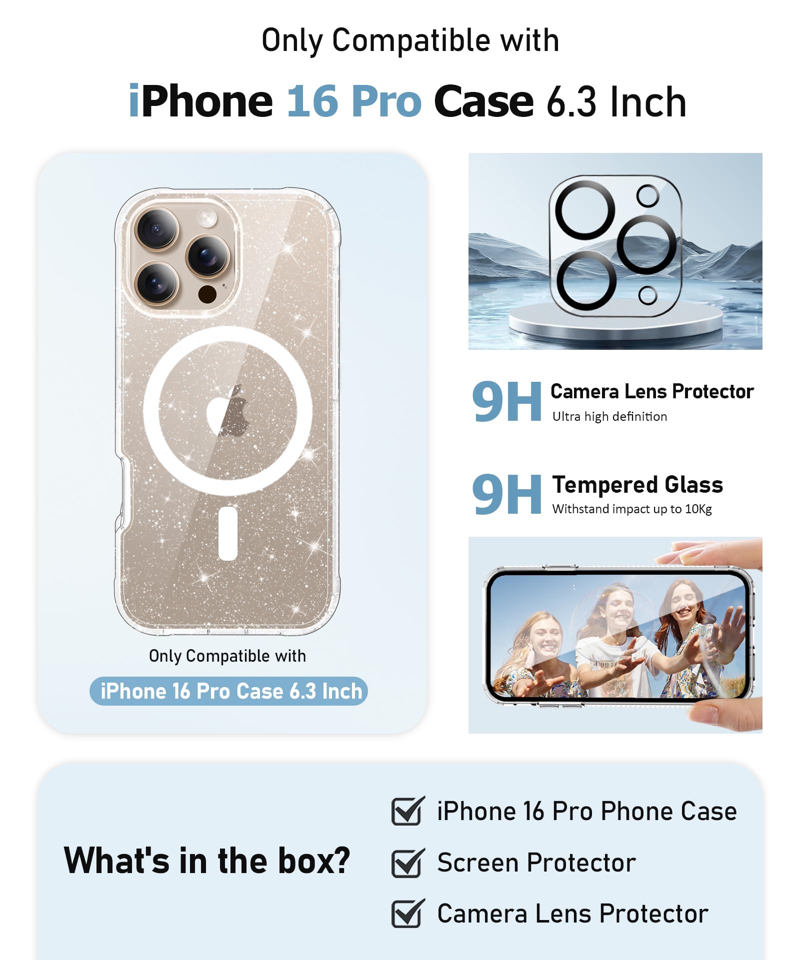 Foto 3 pulgar | Funda De Teléfono Miodik Para Iphone 16 Pro Clear Glitter Con Protector - Venta Internacional.