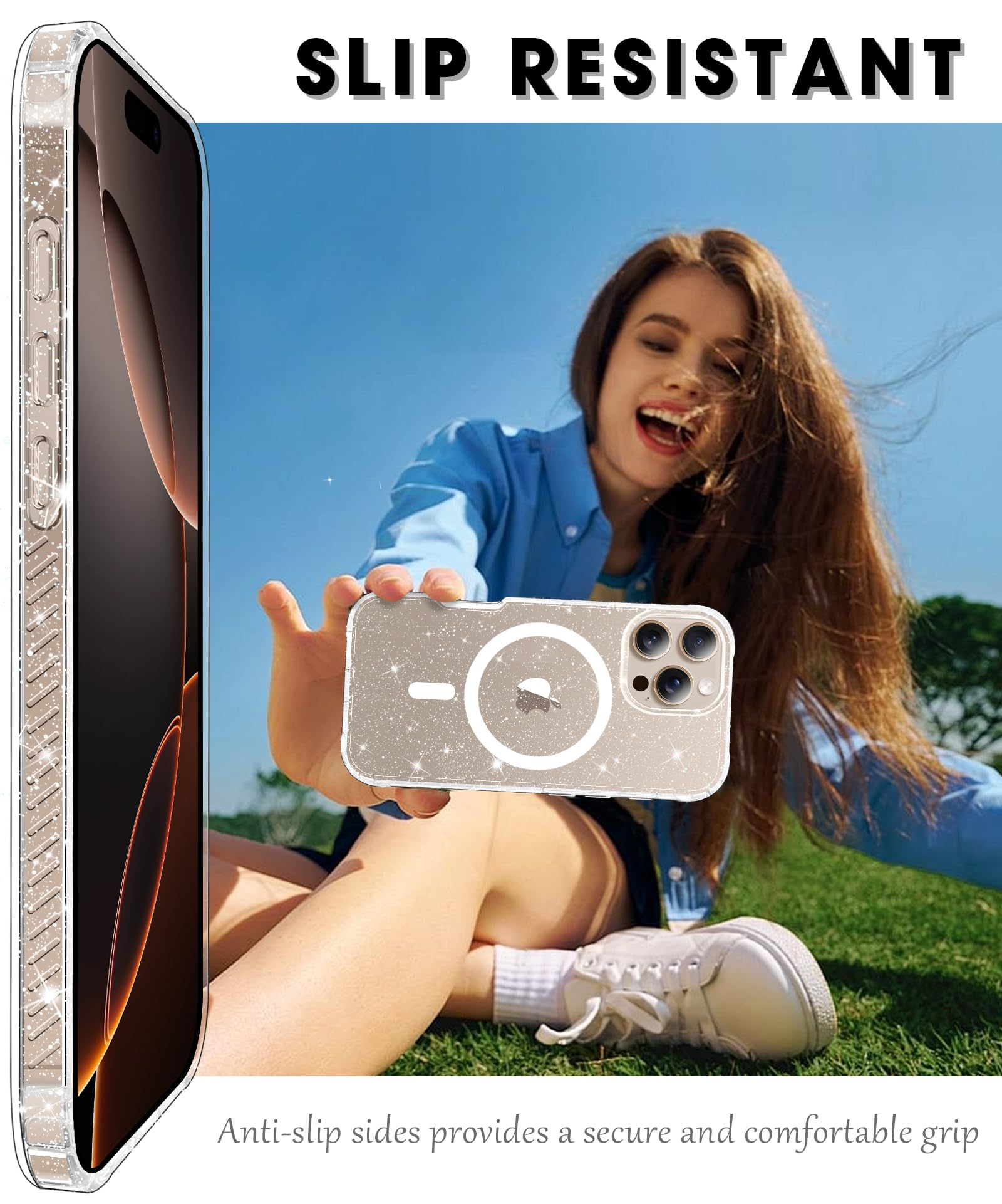 Foto 4 pulgar | Funda De Teléfono Miodik Para Iphone 16 Pro Clear Glitter Con Protector - Venta Internacional.