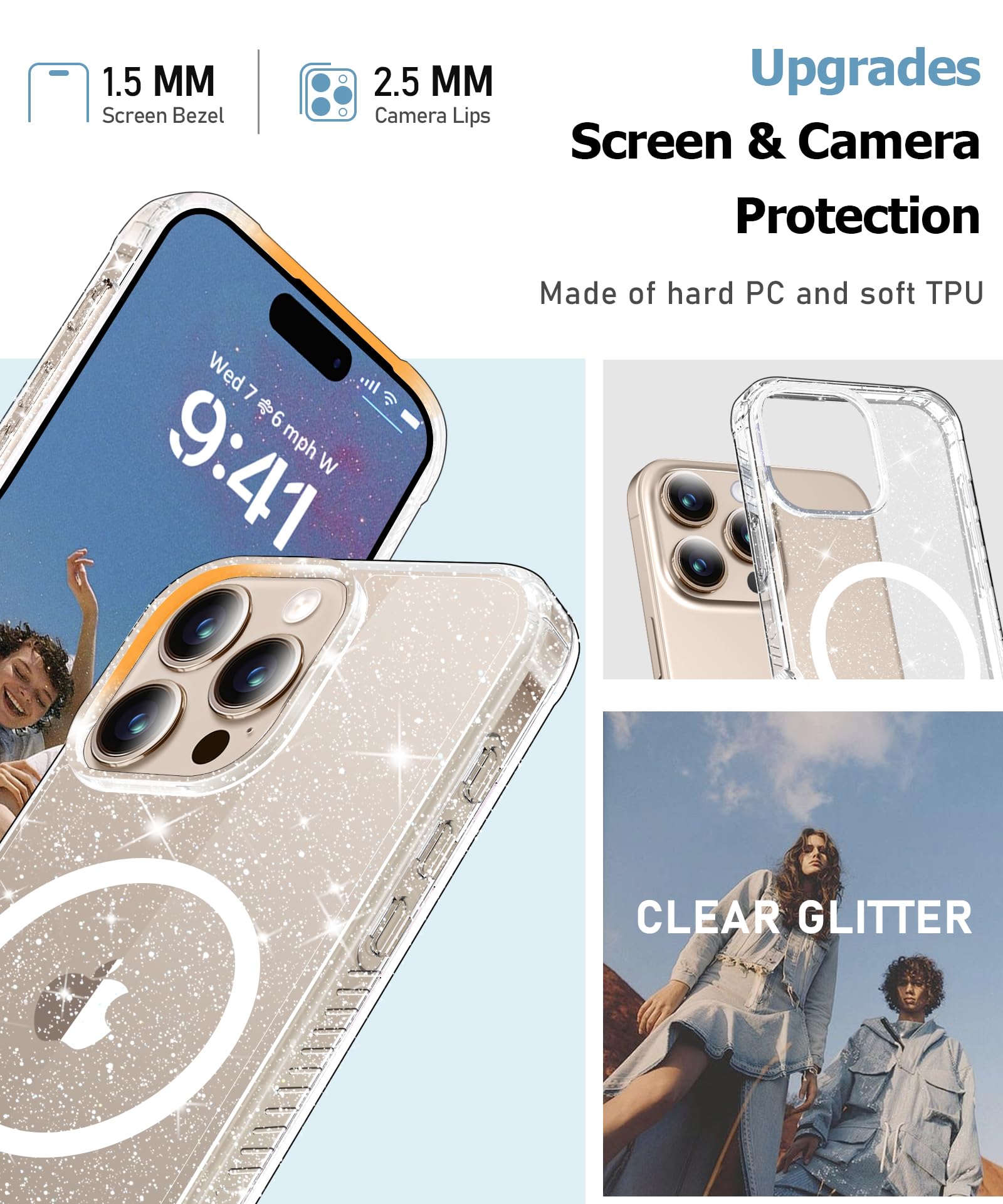 Foto 6 pulgar | Funda De Teléfono Miodik Para Iphone 16 Pro Clear Glitter Con Protector - Venta Internacional.