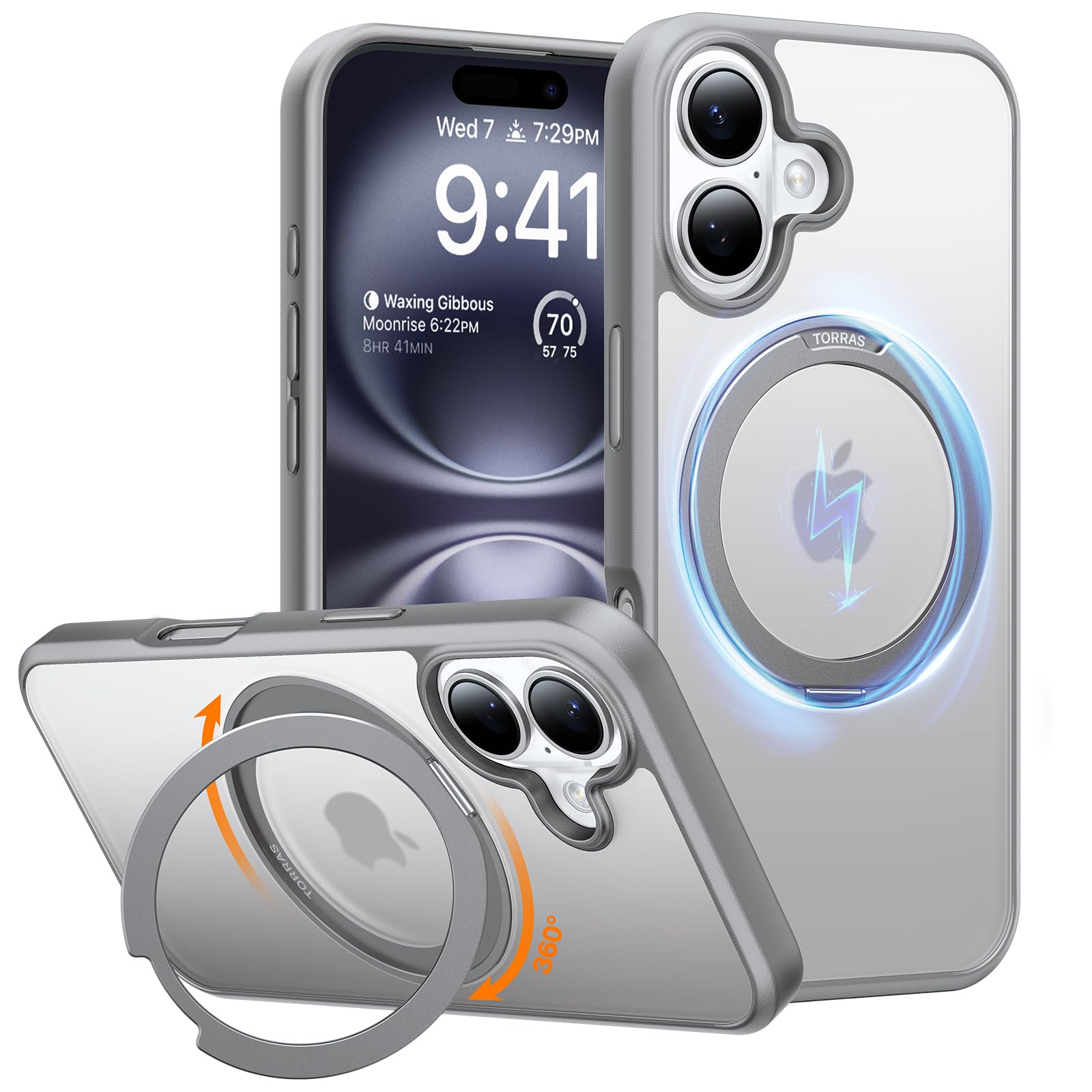 Funda Para Teléfono Torras, Mejorada, Con Soporte Magnético Giratorio De 360° Para Iphone 16, Gris - Venta Internaci