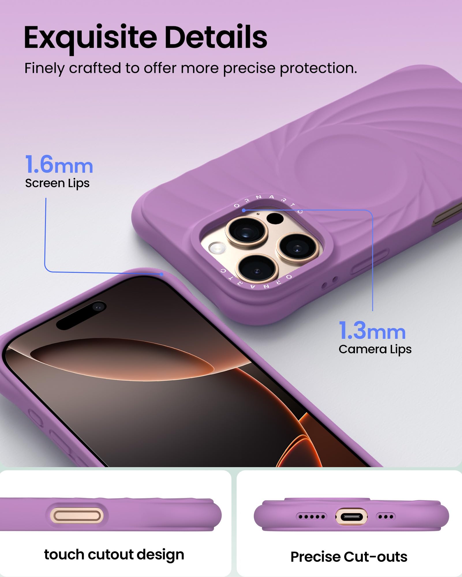 Foto 5 pulgar | Funda De Teléfono Ornarto Vortuxe Para Iphone 16 Pro Lila Silicone - Venta Internacional.