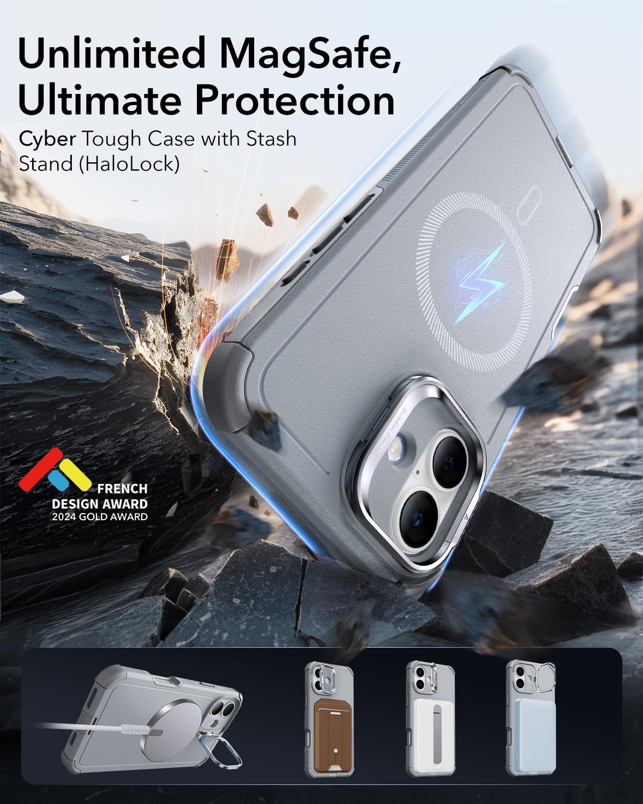 Foto 4 pulgar | Funda Esr Para Iphone 16 Con Soporte De 23 M, Protección Contra Caídas, Gris Claro - Venta Internacional.