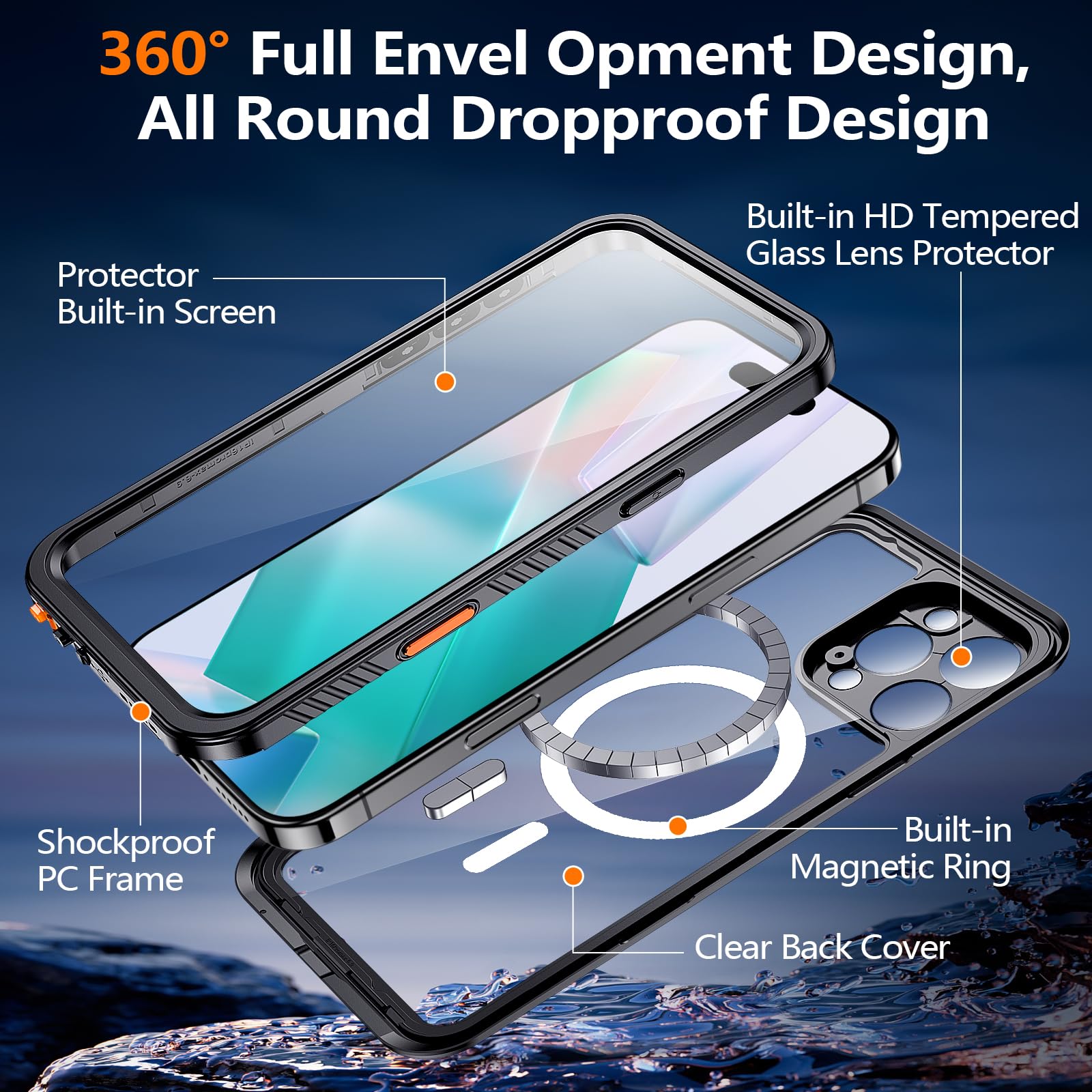 Foto 7 pulgar | Funda De Teléfono Xiwxi Impermeable Ip68 Para Iphone 16 Pro De 6.3 Pulgadas, Negra - Venta Internacional.